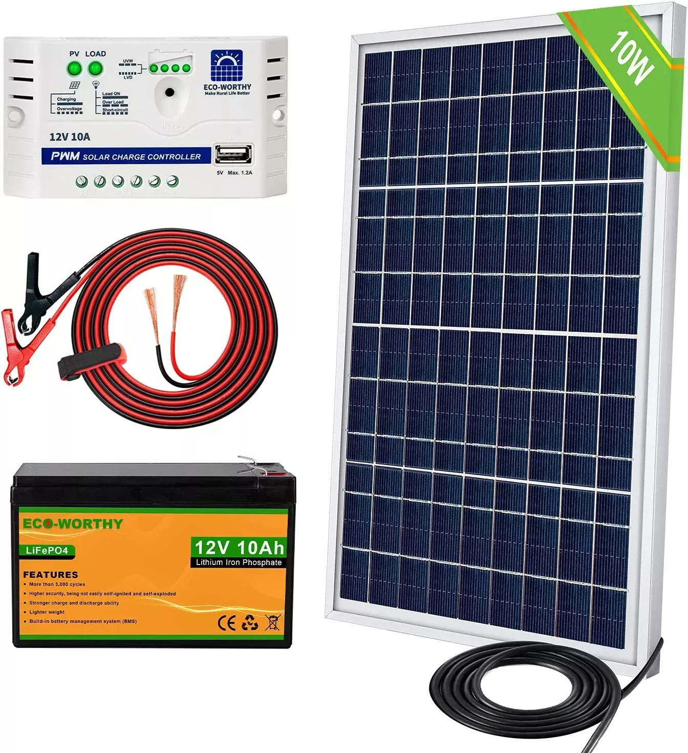 10W 12V Off Grid Small Solar Panel Kit, Waterproof 10 Watt Solar Panel with Charge Controller and Battery Clips Adapter