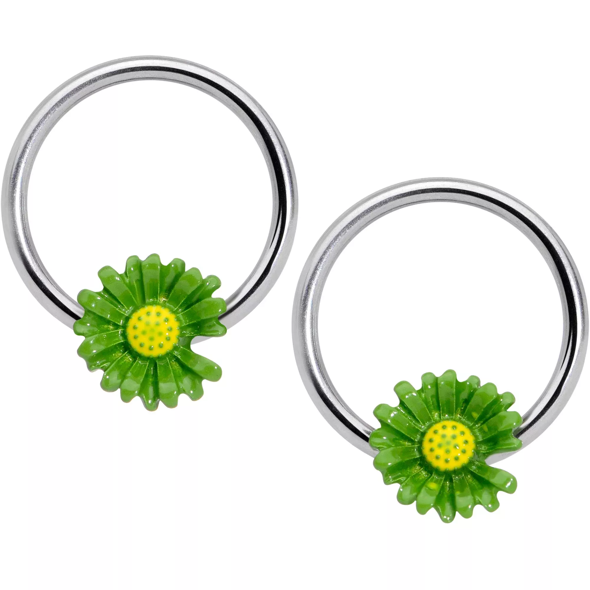 14G 1 /2 Green Daisy BCR Captive Nipple Ring Set