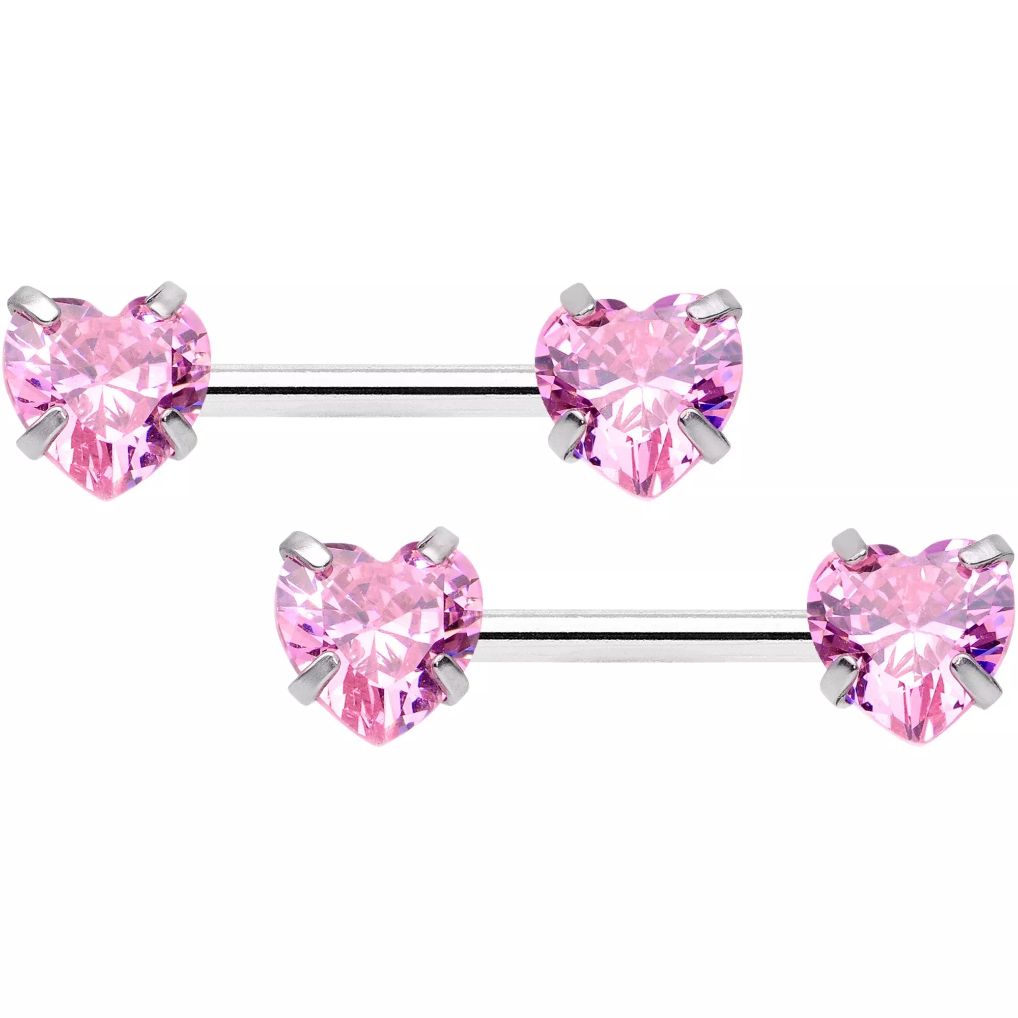 14G 1 /2 Pink CZ Gem Heart Threadless Barbell Nipple Ring Set