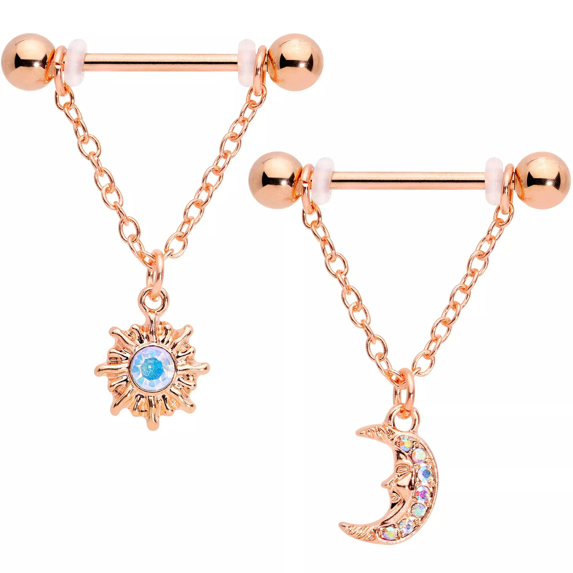 14G 5 /8 Aurora Gem Rose Gold Tone Moon Sun Dangle Nipple Ring Set
