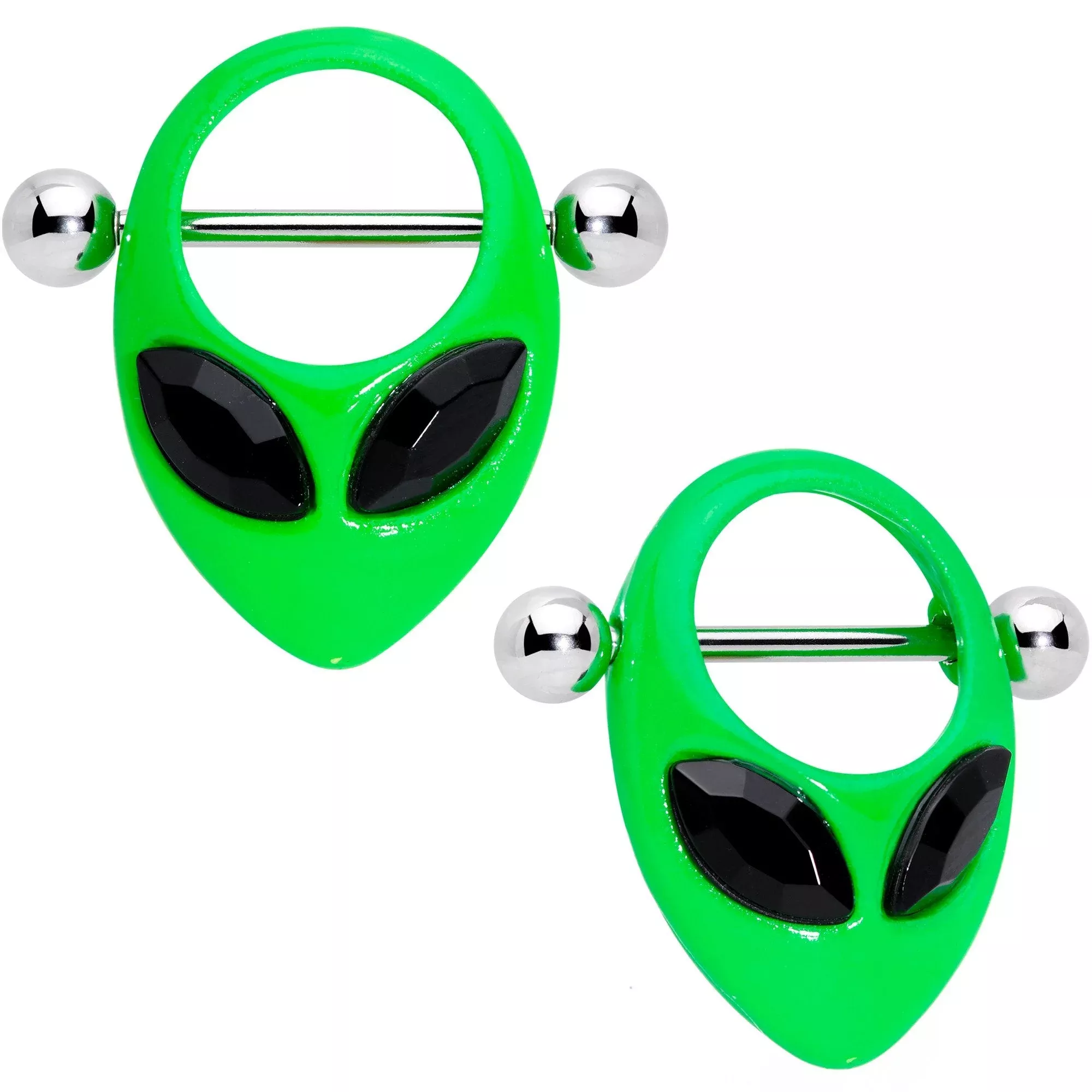 14G 5 /8 Black Gem Green Glow in the Dark Alien Nipple Shield Set
