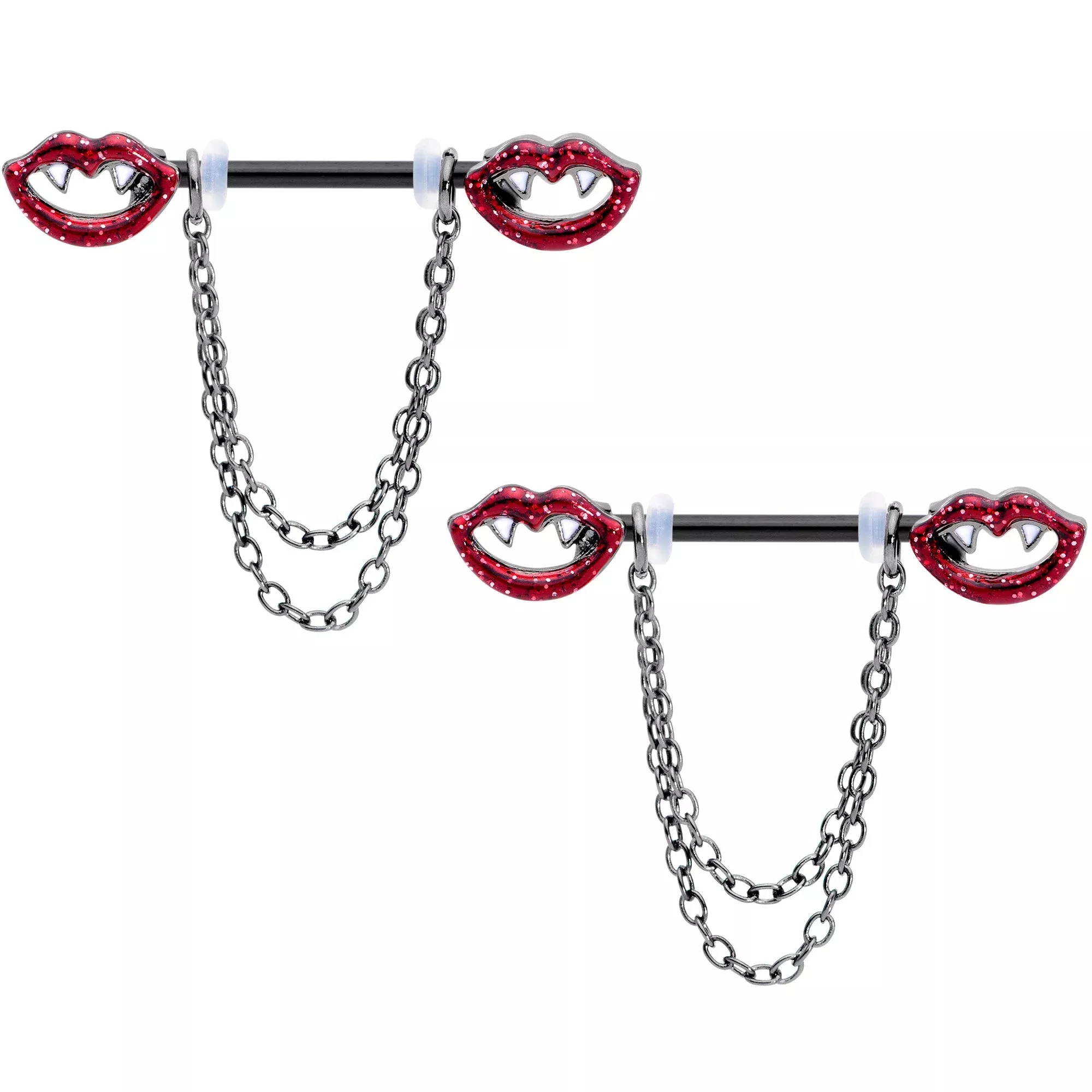14G 5 /8 Black Vampire Kiss Chain Dangle Barbell Nipple Ring Set