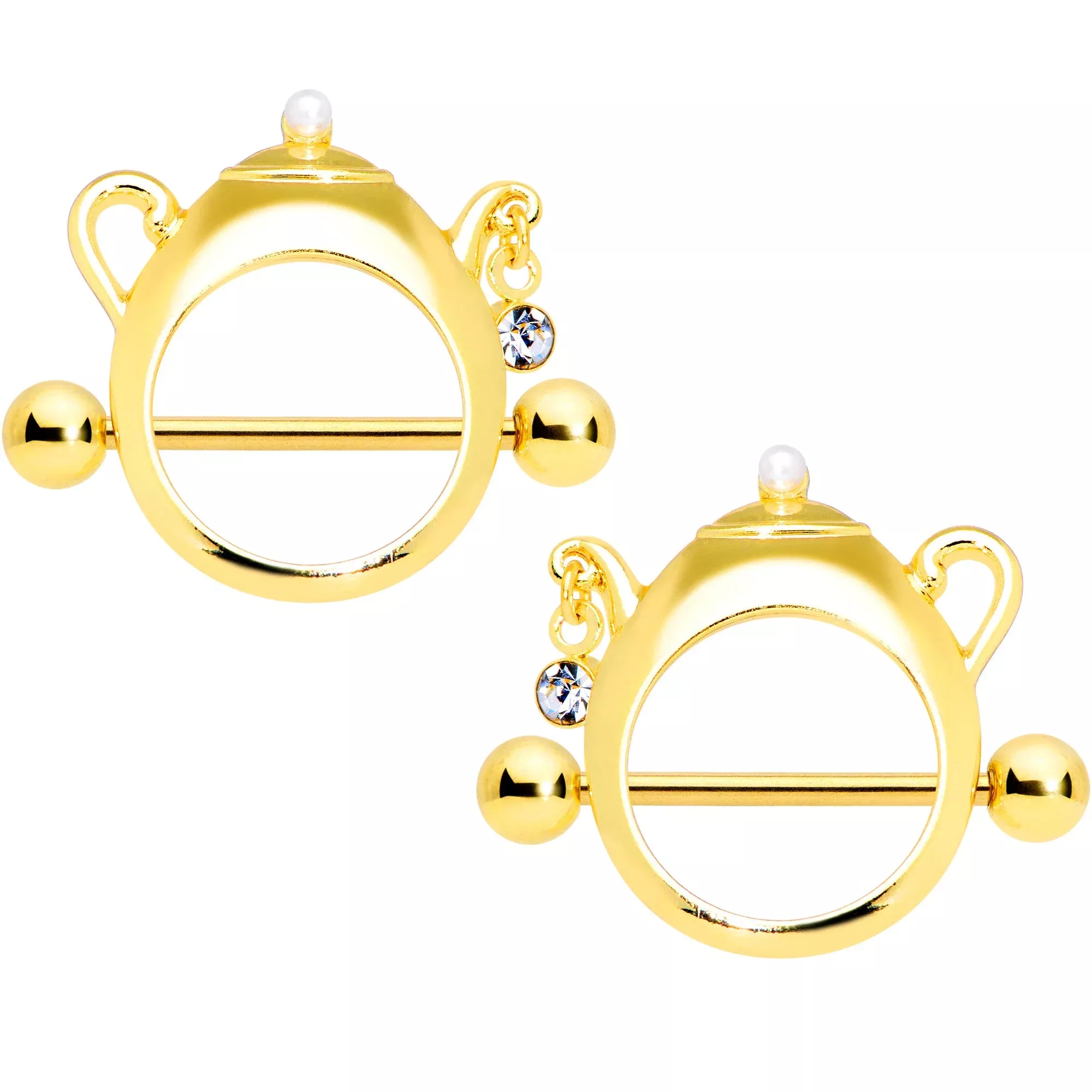 14G 5 /8 Clear Gem Gold Tone Teapot Nipple Shield Set