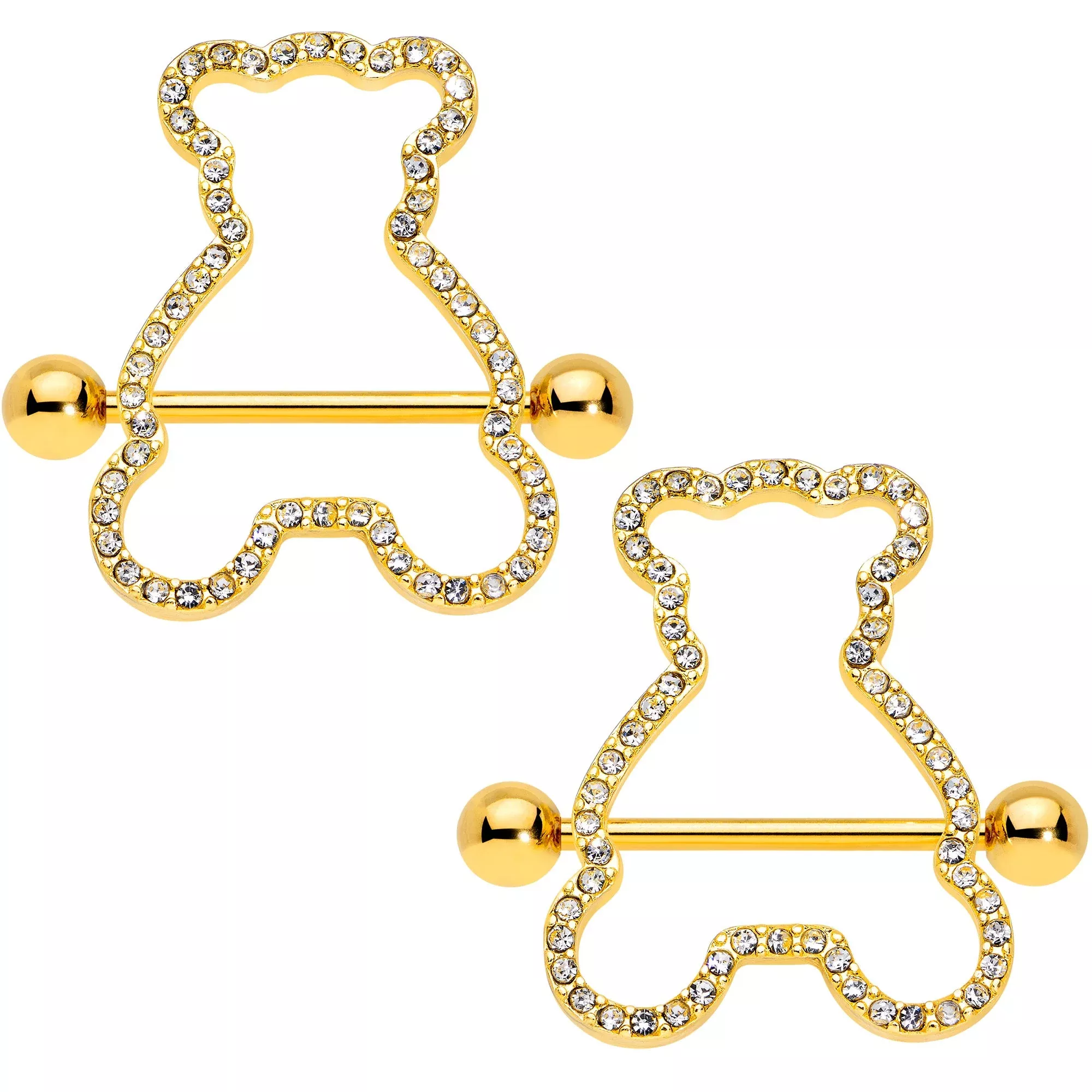 14G 5 /8 Clear Gem Gold Tone Teddy Bear Nipple Shield Set