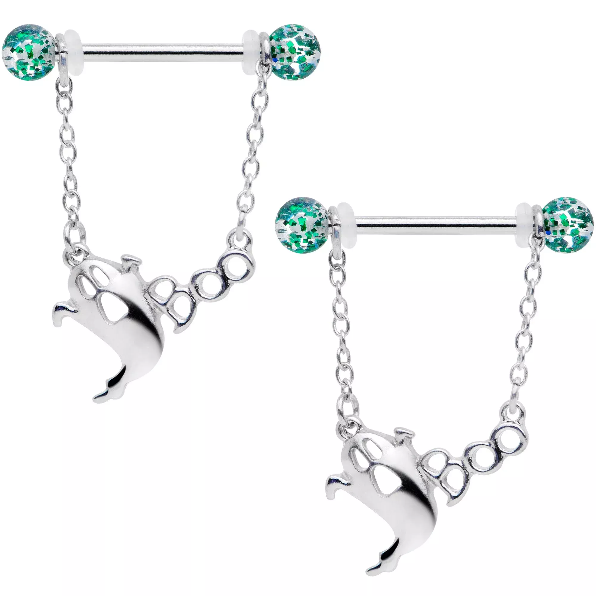 14G 5 /8 UV Ball Boo Ghost Halloween Chain Dangle Nipple Ring Set