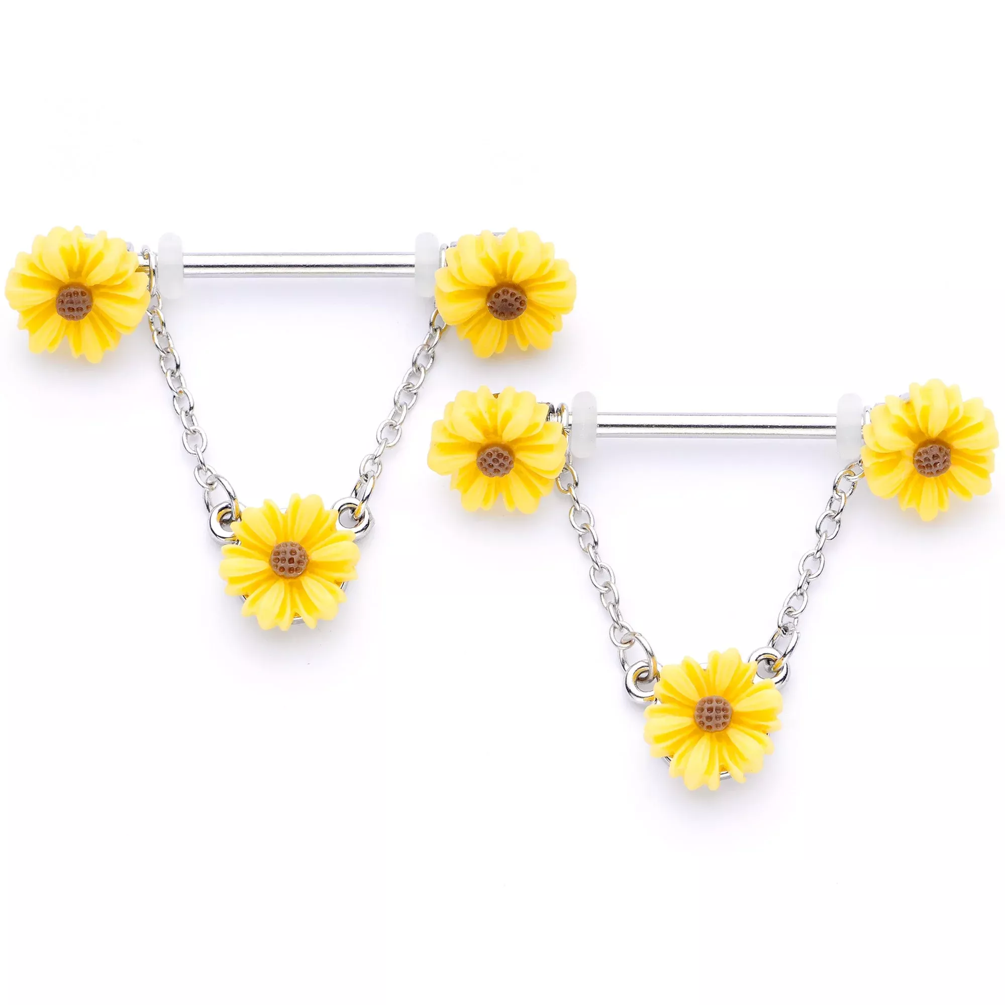 14G 5 /8 Yellow Sunflowers Dangle Nipple Ring Set