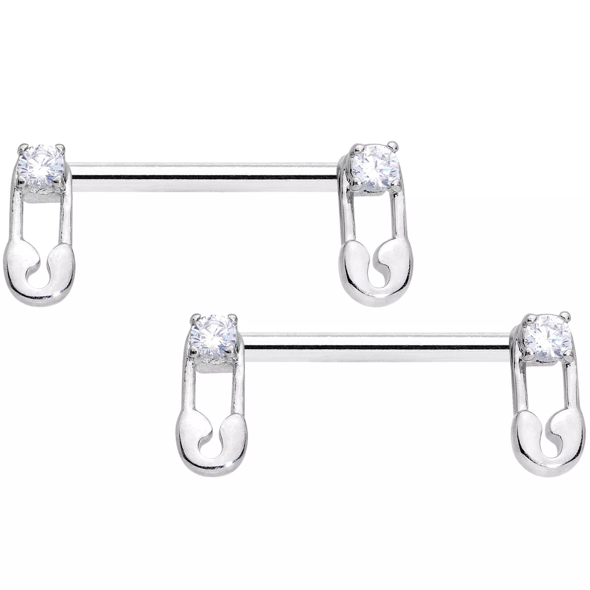 14G 9 /16 Clear CZ Gem Punk Safety Pin Barbell Nipple Ring Set