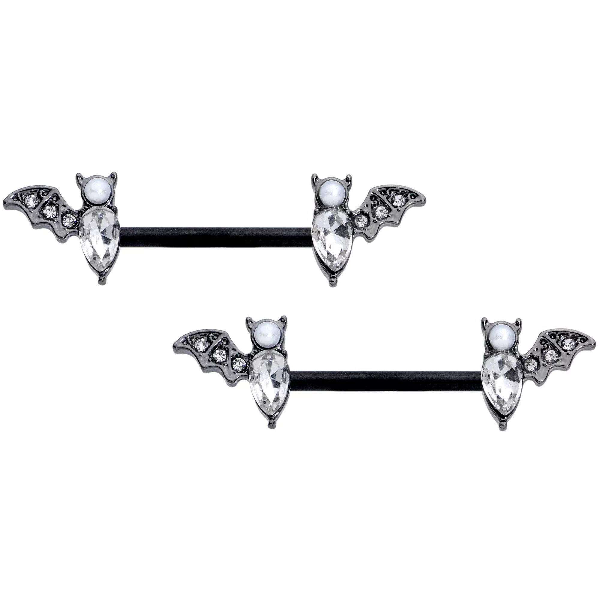 14G 9 /16 Clear Gem Black Bat Halloween Barbell Nipple Ring Set