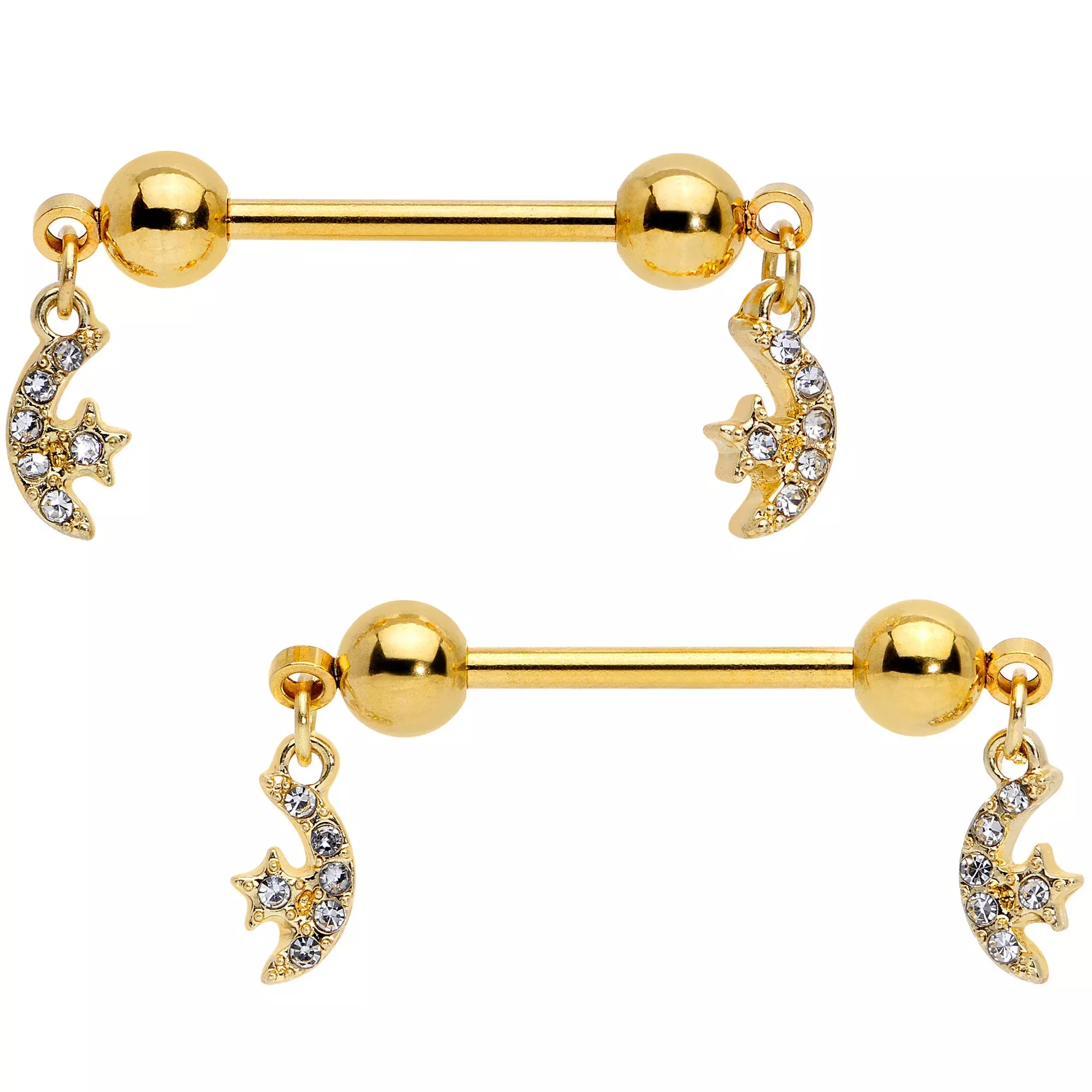 14G 9 /16 Clear Gem Gold Tone Moon Dangle Barbell Nipple Ring Set