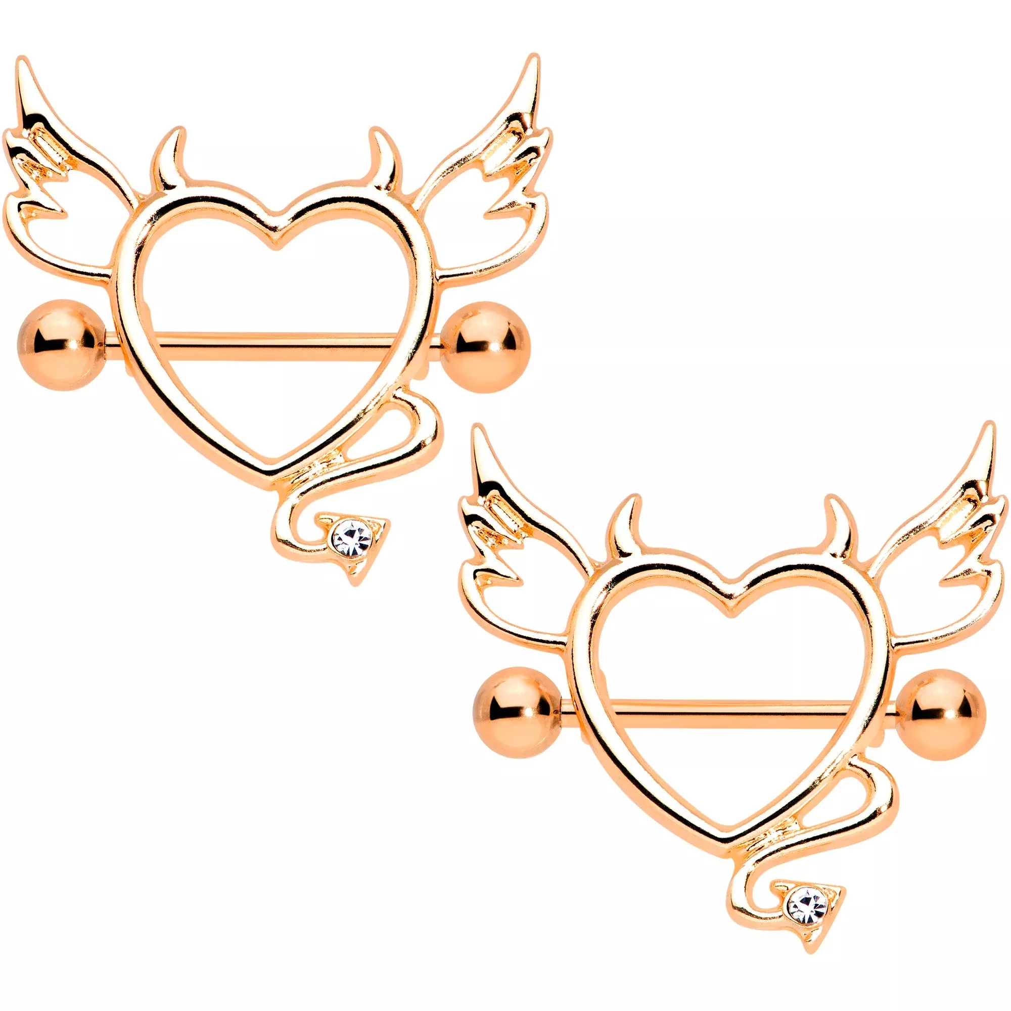 14G 9 /16 Clear Gem Rose Gold Tone Devil Heart Nipple Shield Set