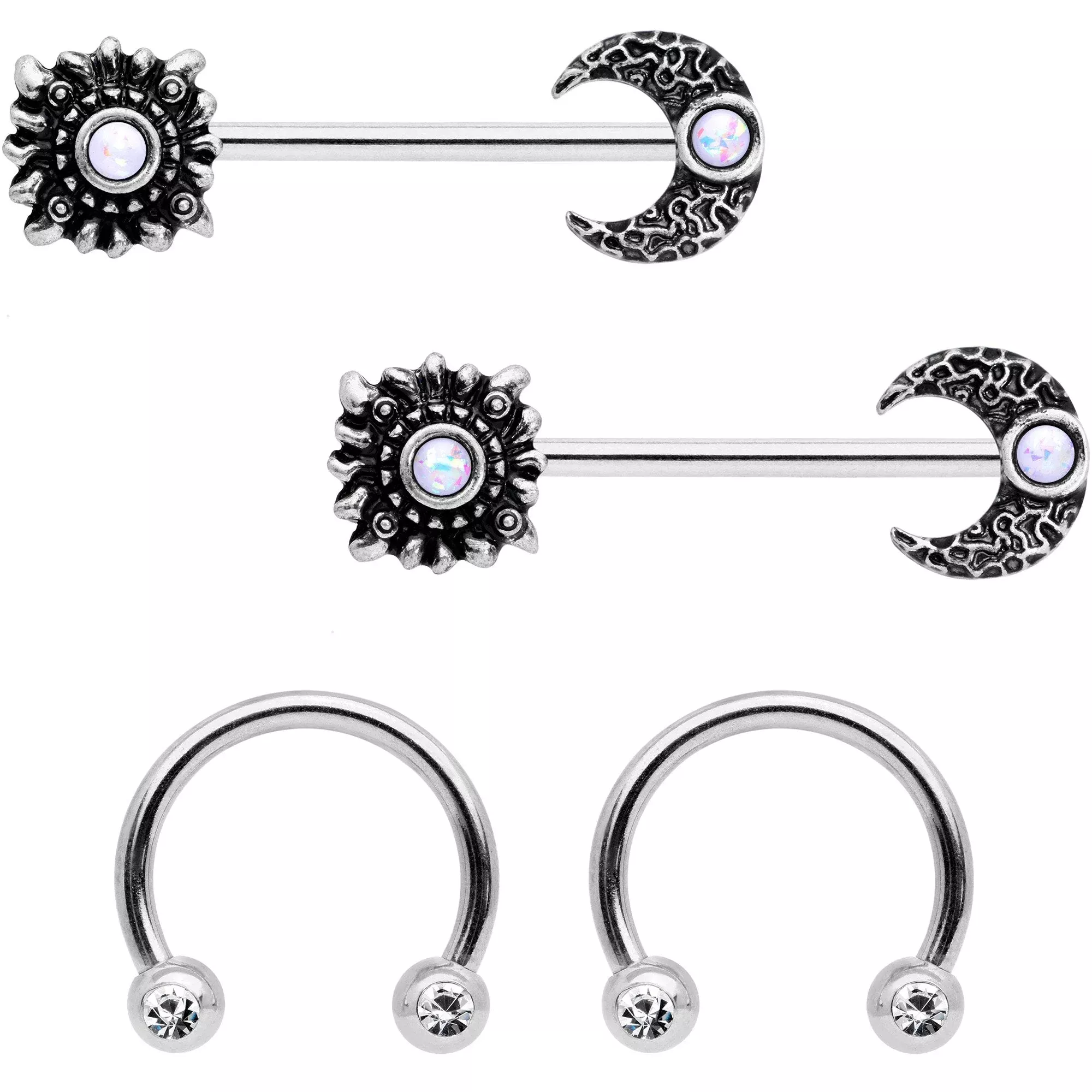 14G 9 /16 Clear Gem Sun Moon Horseshoe Barbell Nipple Ring Set