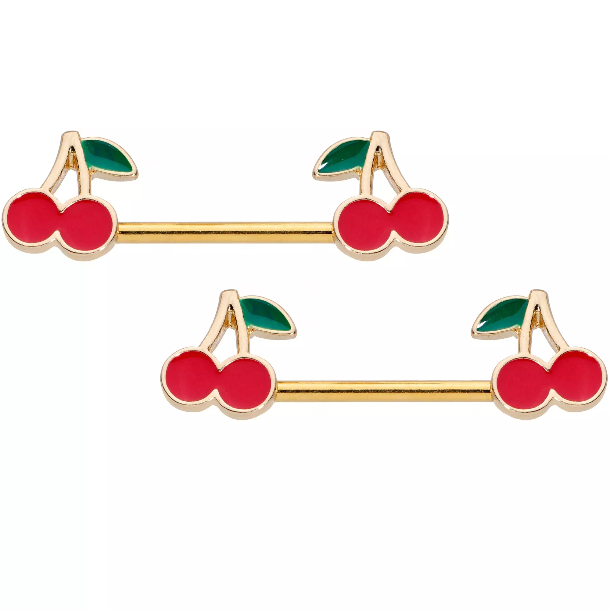 14G 9 /16 Gold Tone Charming Cherries Barbell Nipple Ring Set