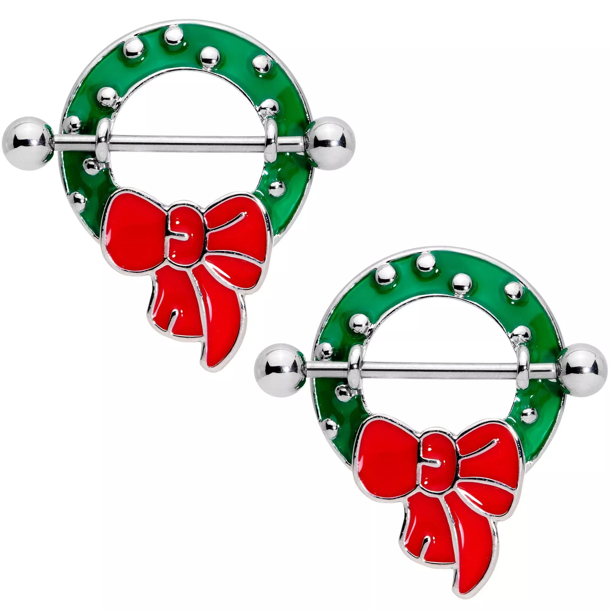 14G 9 /16 Holiday Red Bow Wreath Nipple Shield Set