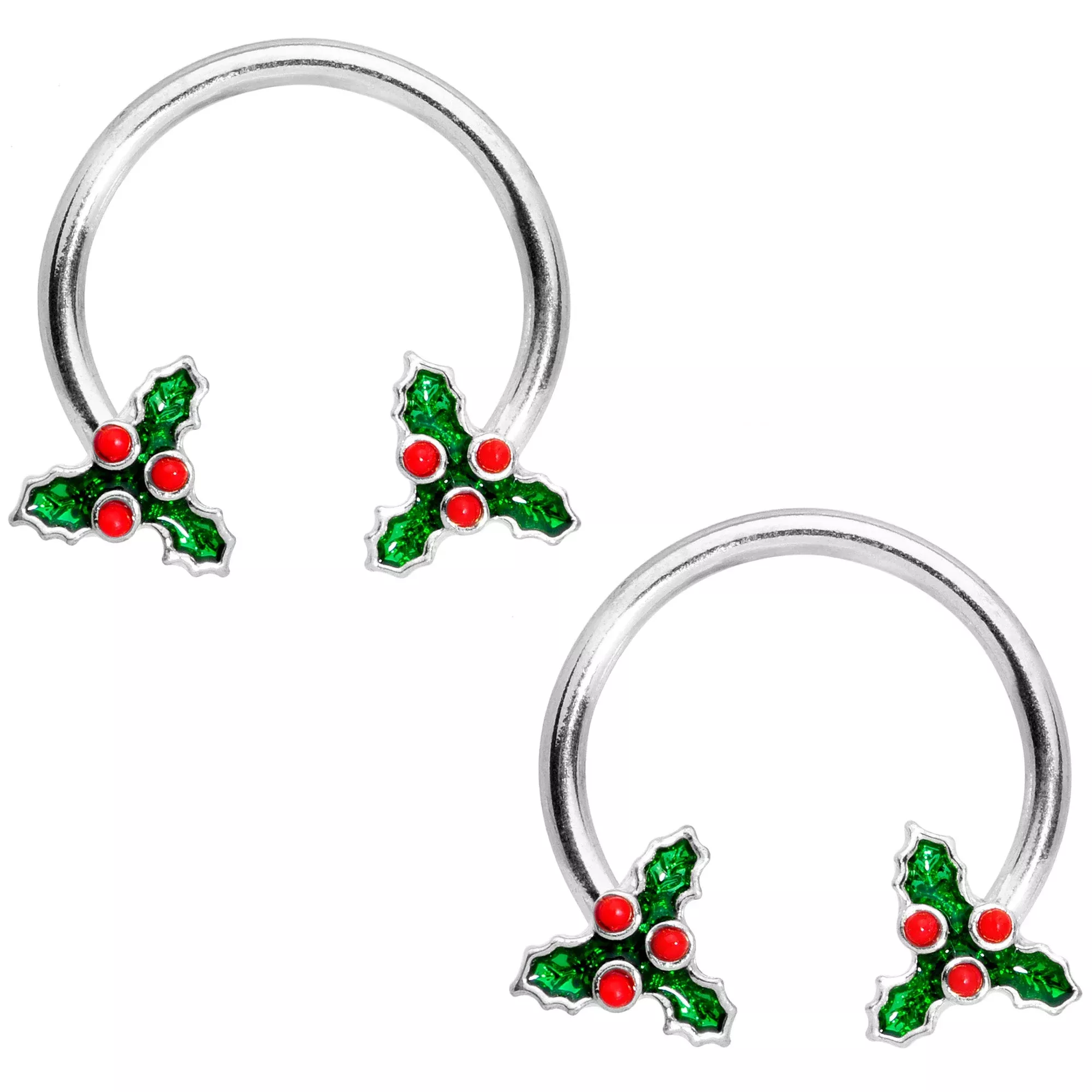 14G 9 /16 Holly Christmas Horseshoe Nipple Ring Set