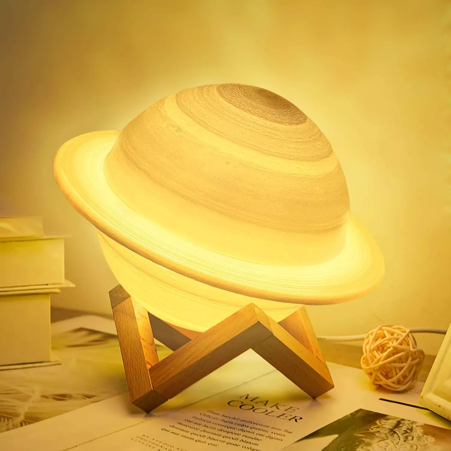 16 Colors LED 3D Print Decor Star Lamp, USB Rechargeable Remote & Touch Control, with Wood Stand & Hanging Net