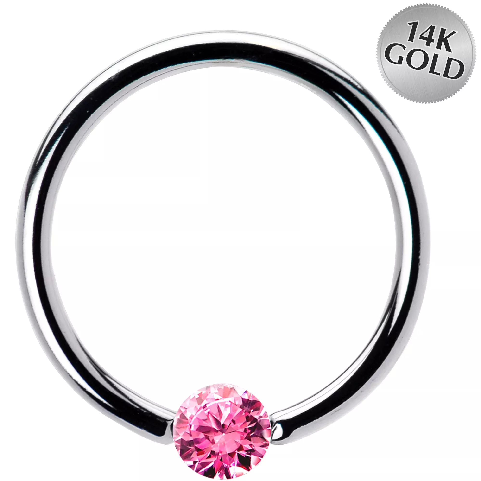 16G 1 /2 Solid 14k White Gold 3mm Pink Cubic Zirconia Tension Captive Ring