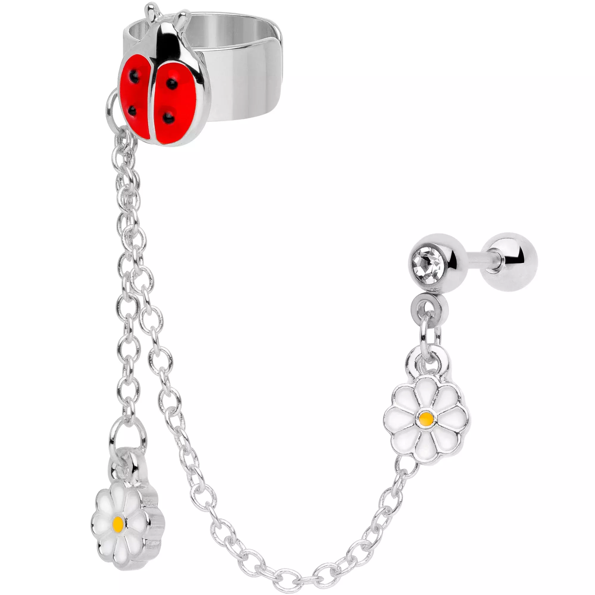 16G 1 /4 Clear Gem Ladybug Flower Right Cuff Chain Cartilage Ring