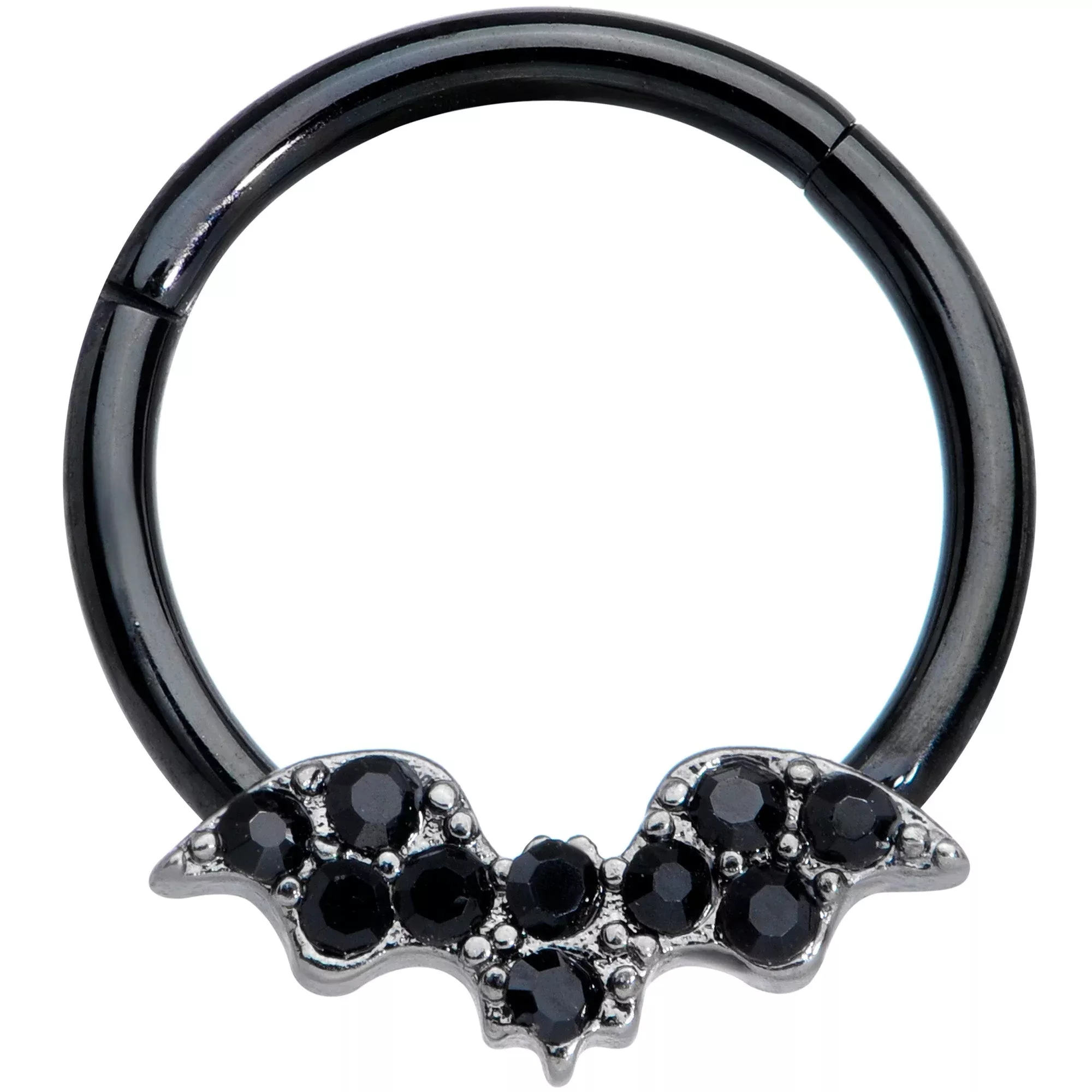 16G 3 /8 Black Gem Black Plated Bat Hinged Segment Ring
