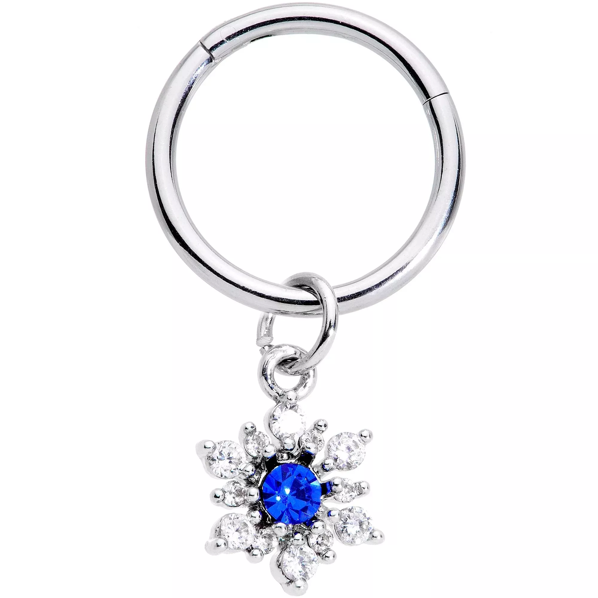16G 3 /8 Blue Clear Snowflake Hinged Dangle Segment Ring