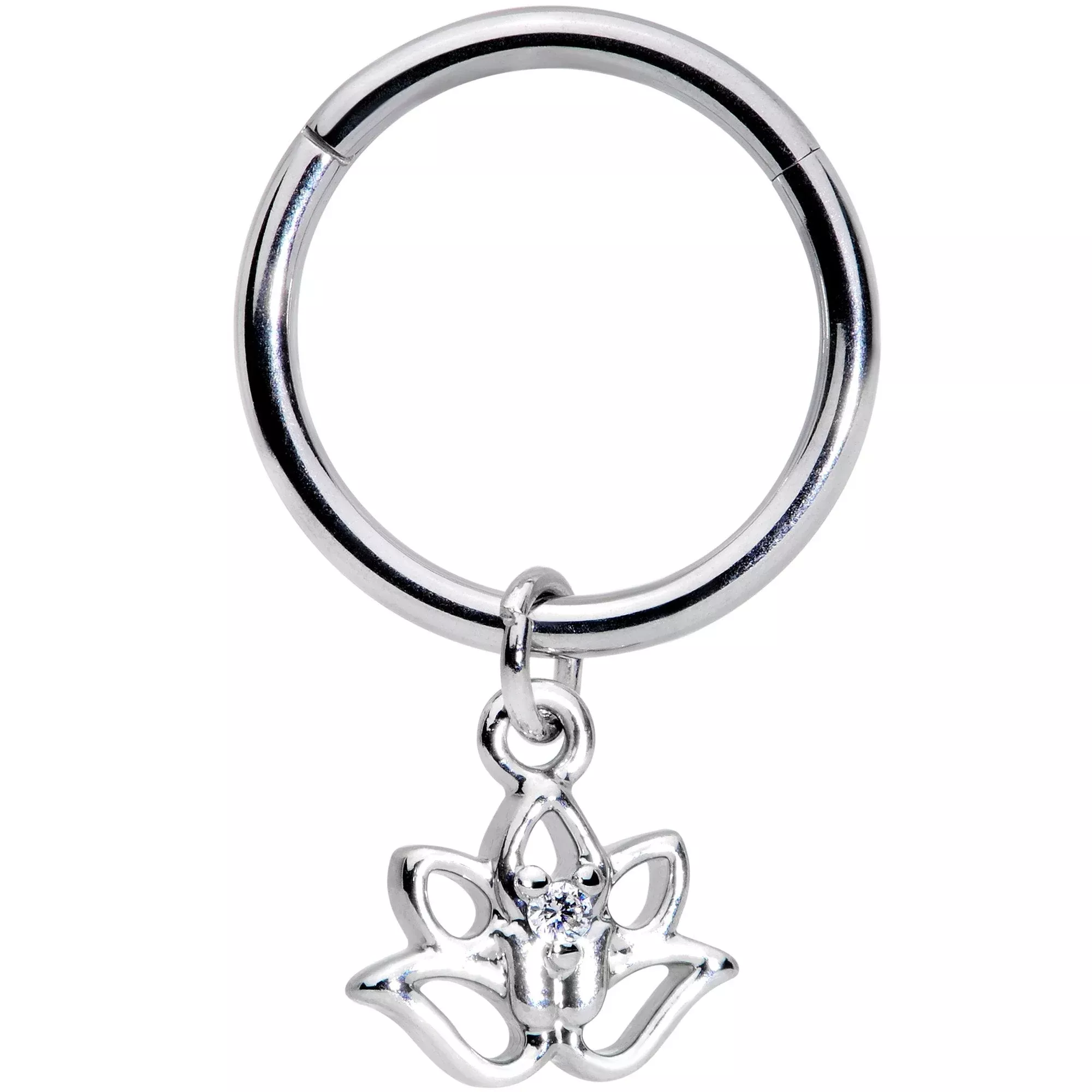 16G 3 /8 Clear CZ Gem Lotus Flower Dangle Hinged Segment Ring