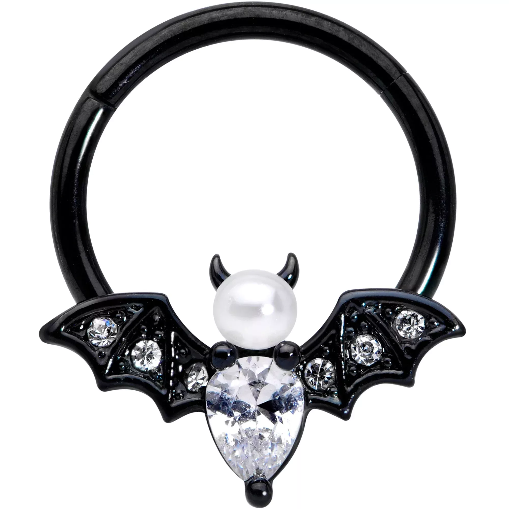16G 3 /8 Clear Gem Black Bat Halloween Hinged Segment Ring