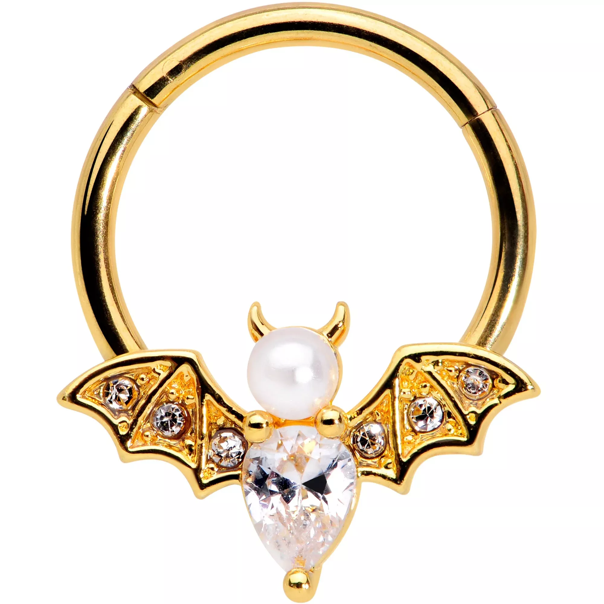 16G 3 /8 Clear Gem Gold Tone Bat Halloween Hinged Segment Ring