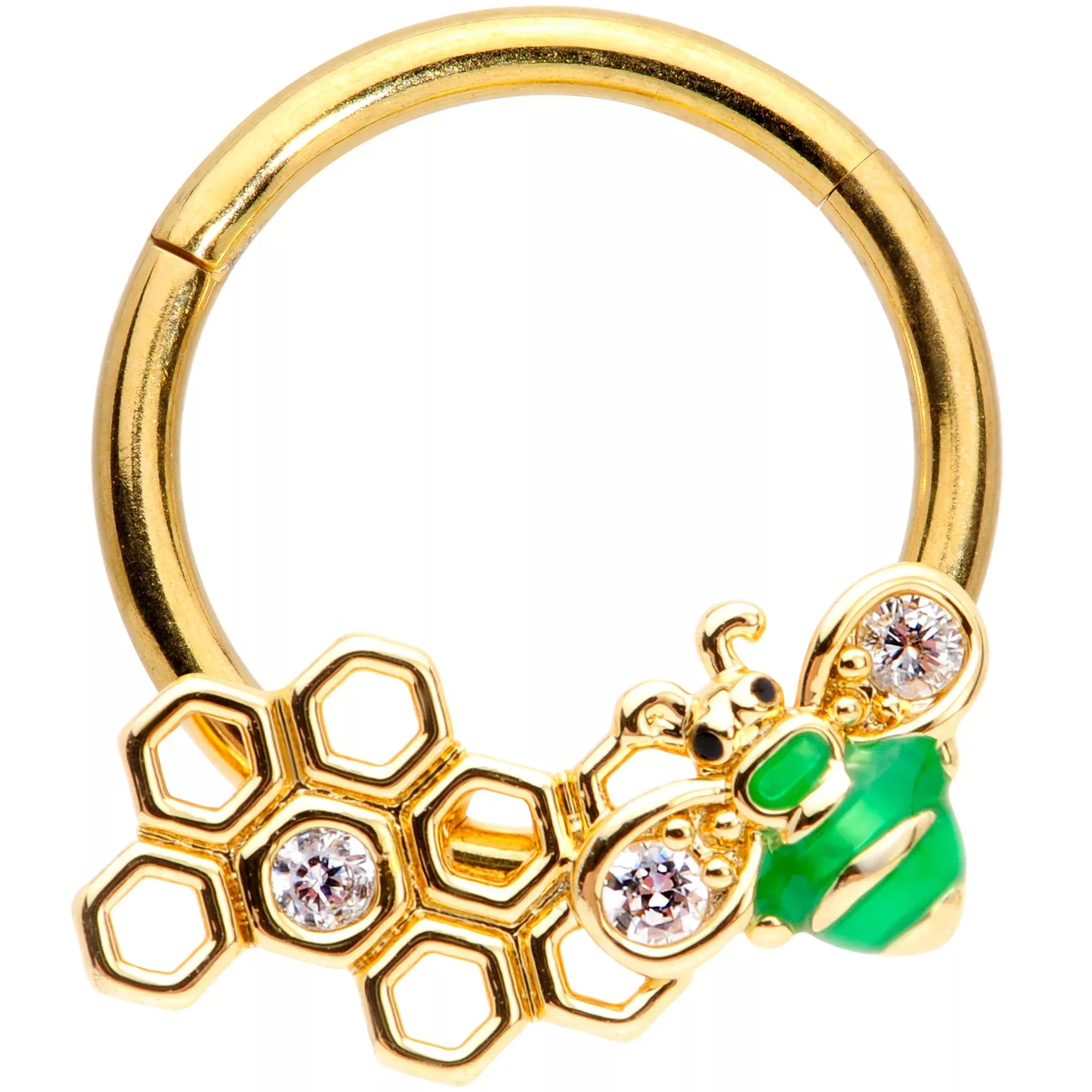 16G 3 /8 Clear Gem Gold Tone Green Bee Hinged Segment Ring