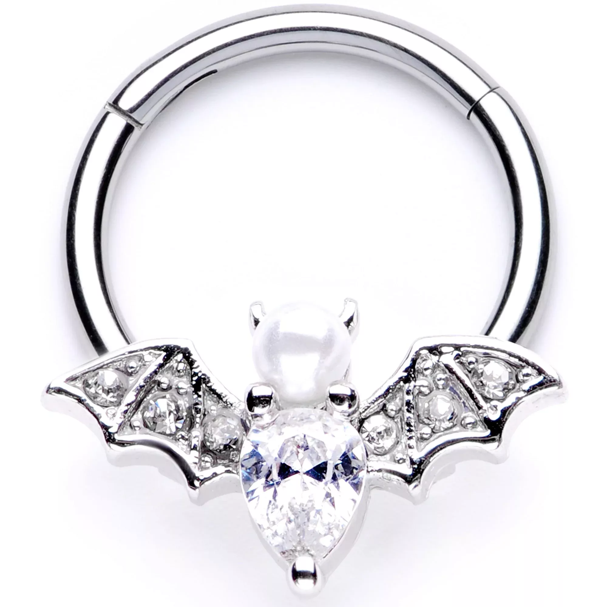 16G 3 /8 Clear Gem Vampire Bat Halloween Hinged Segment Ring
