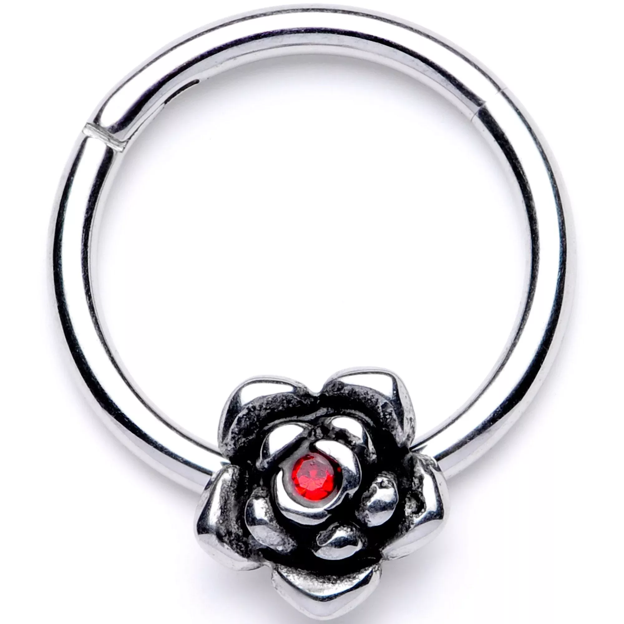 16G 3 /8 Red Gem Tiny Flower Hinged Segment Ring