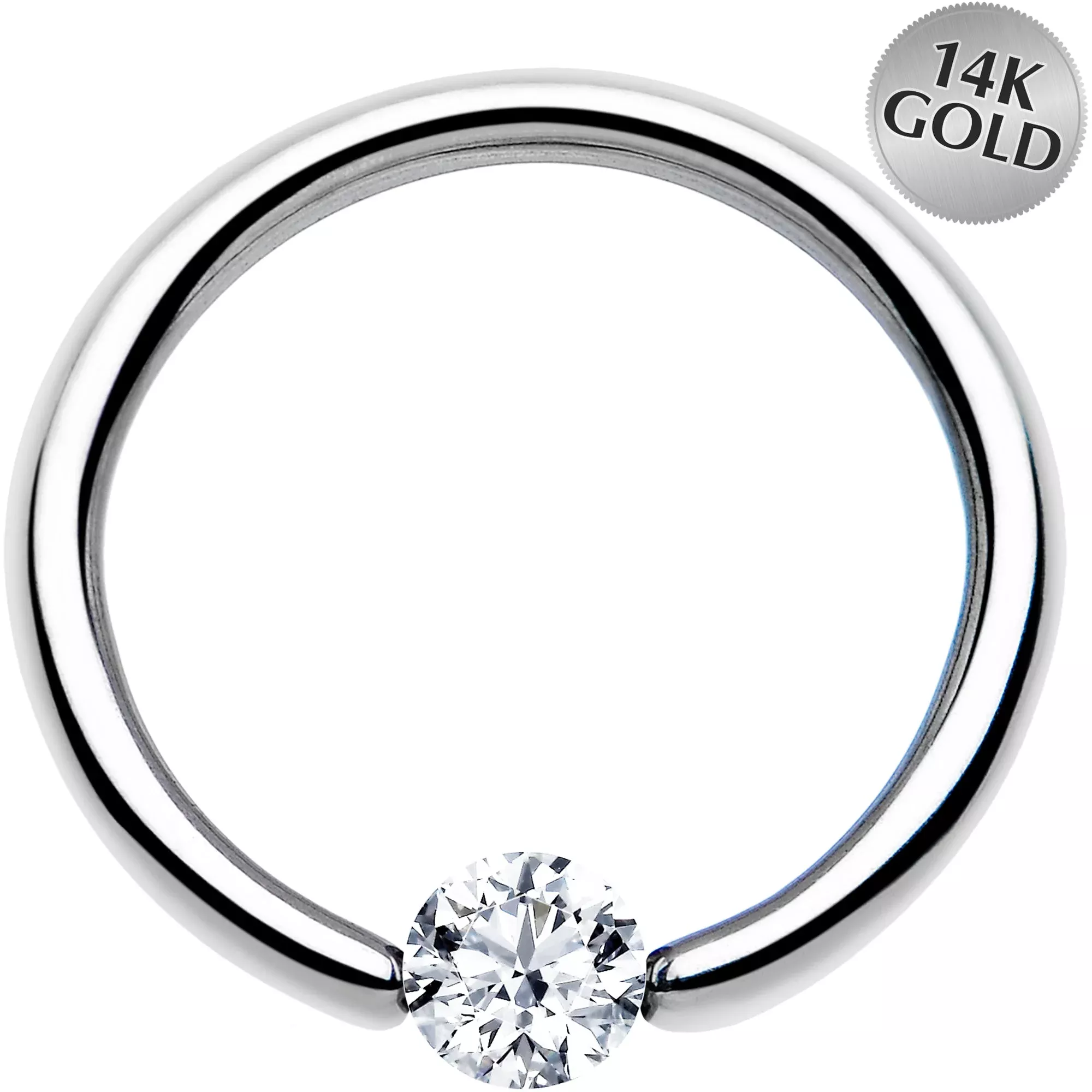 16G 3 /8 Solid 14k White Gold 3mm Clear Cubic Zirconia Tension Captive Ring