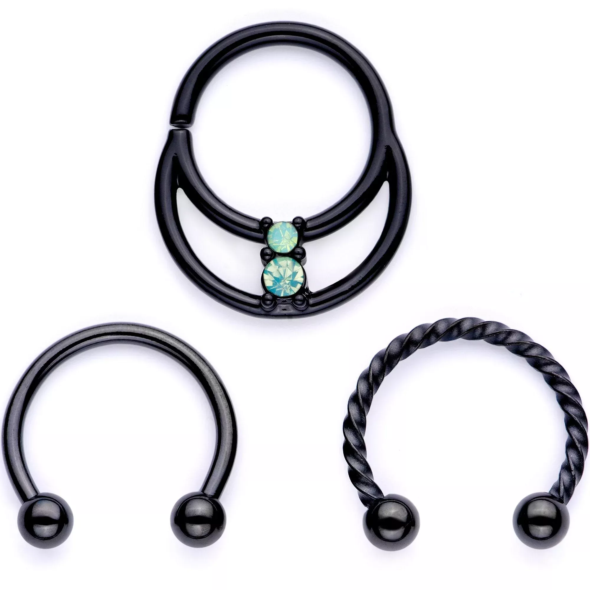 16G 3 /8 Teal Faux Opal Black Anodized Horseshoe Closure Ring Set