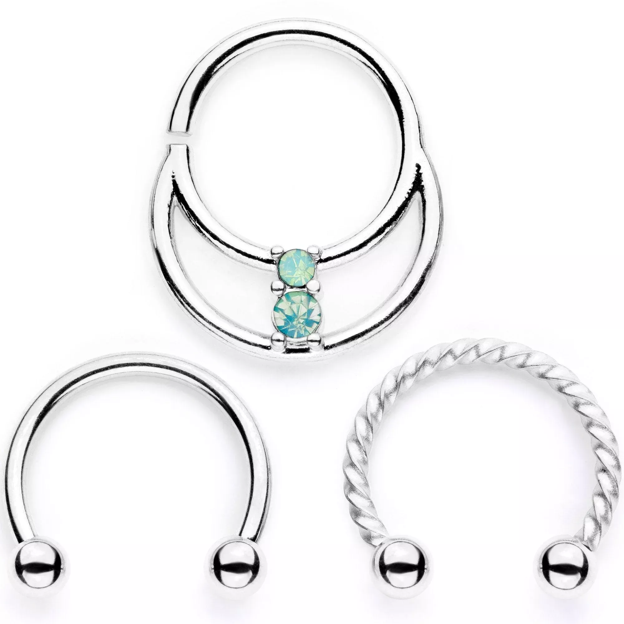 16G 3 /8 Teal Faux Opal Twisted Horseshoe Closure Ring Set