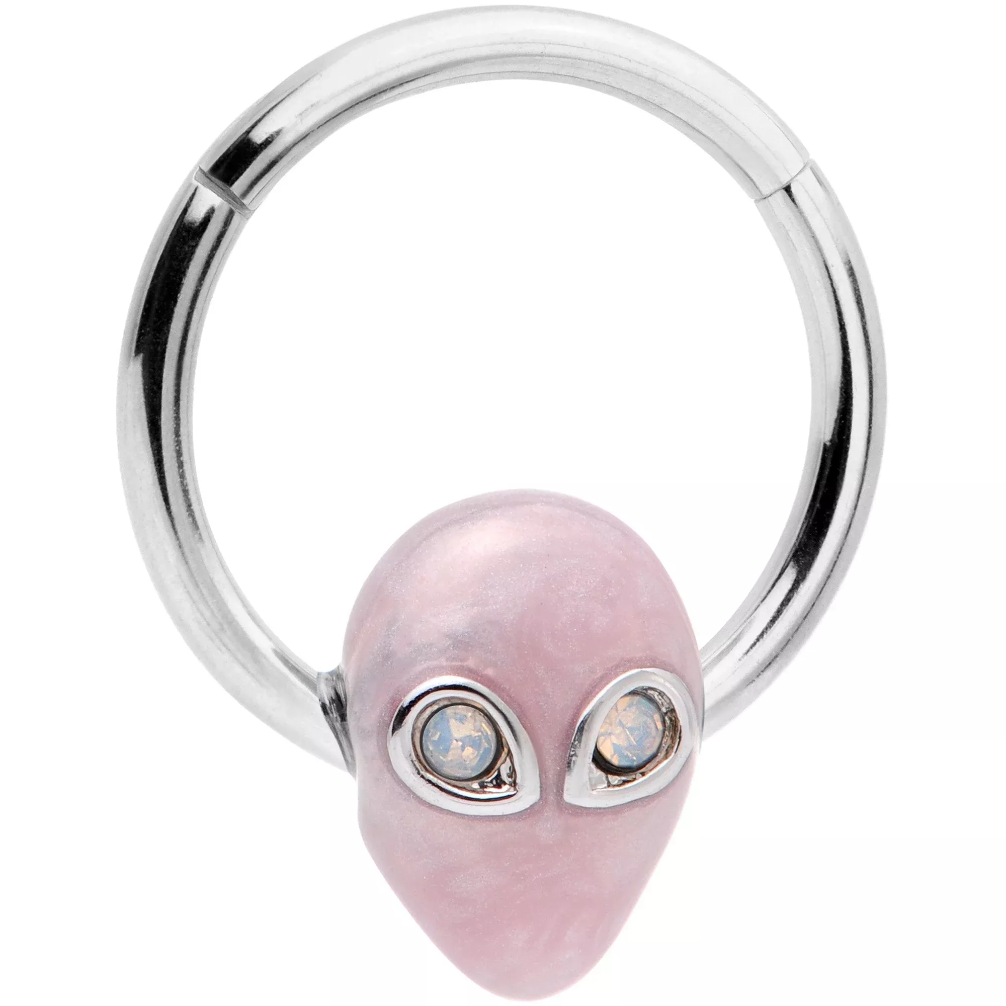 16G 3 /8 White Faux Opal Pink Invader Alien Hinged Segment Ring