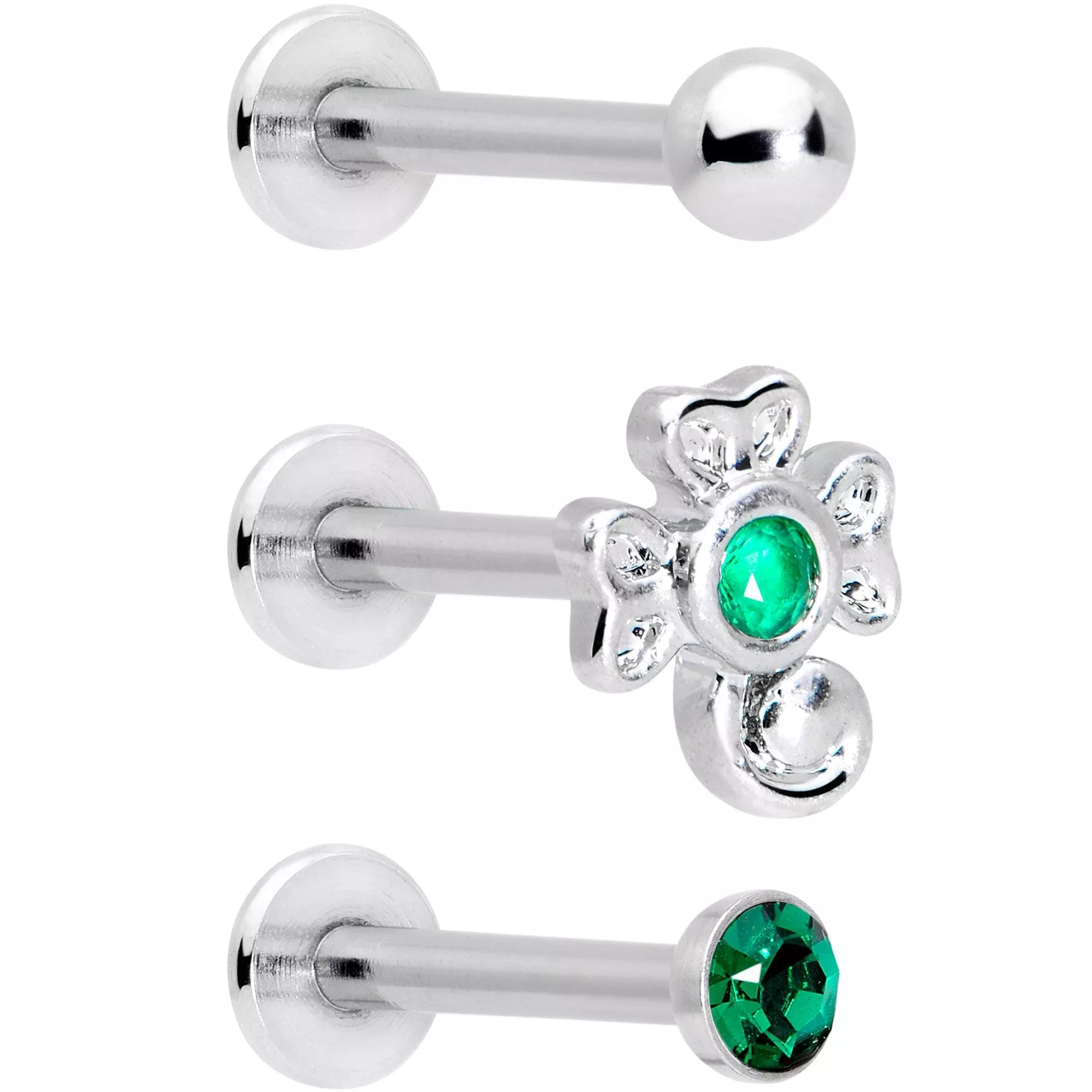 16G 5 /16 Green Gem St Patricks Day Shamrock Labret Set of 3
