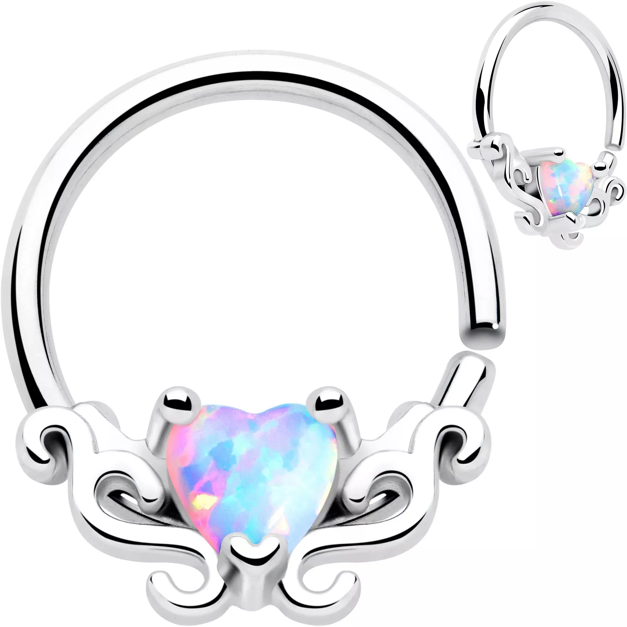 16G 5 /16 White Synthetic Opal Bold Heart Seamless Circular Ring