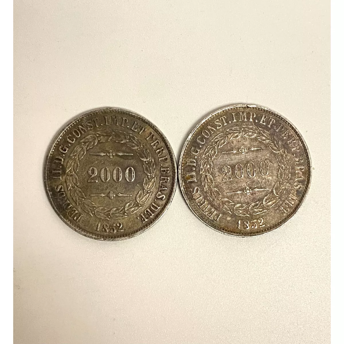 1852 Brazil 2000 Reis silver coins, 2 pcs