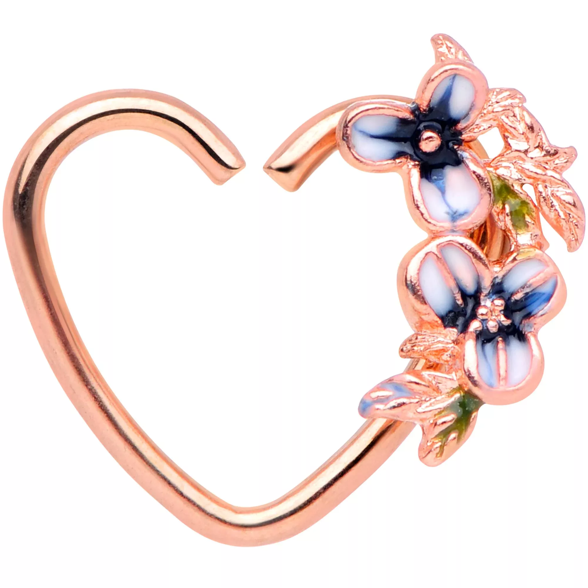 18G 3 /8 Rose Gold Tone Blue Flower Heart Left Closure Ring