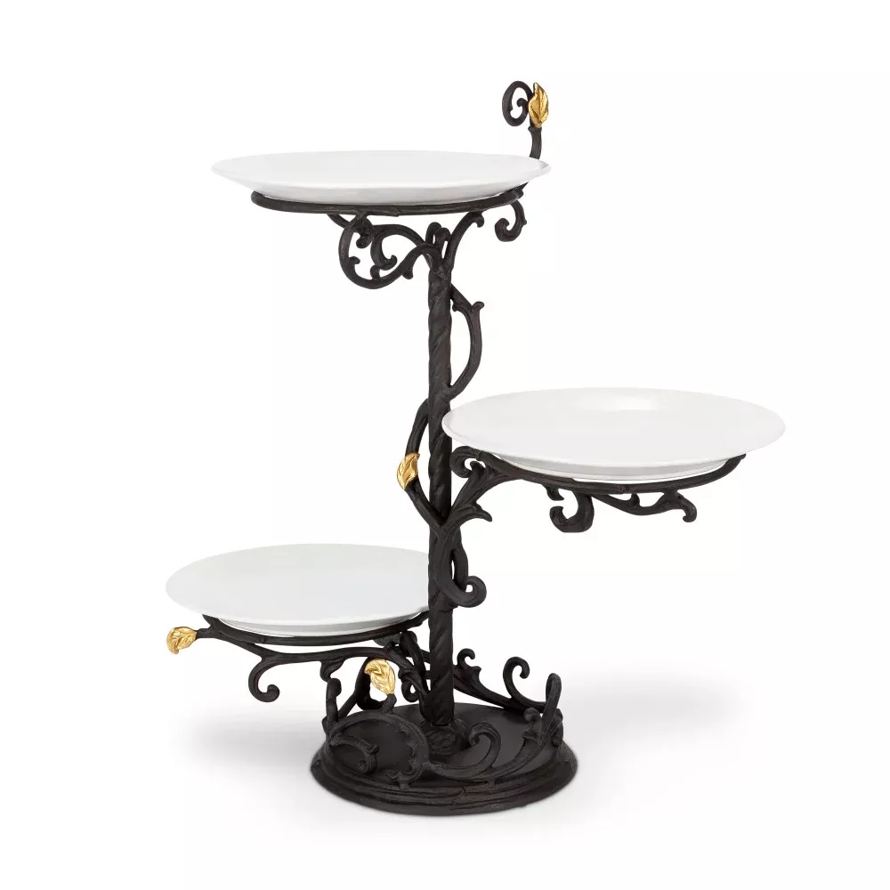 19-Inch Tall Gold Leaf 3-Tier Server with Ceramic White Stoneware Plates and Espresso Brown Vine and Gold Leaf Accented Base - Gerson