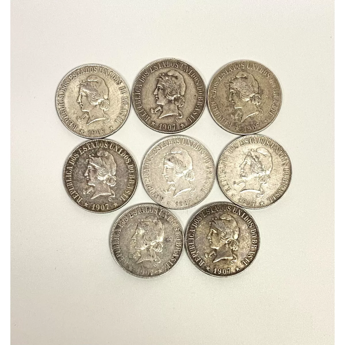 1907 Brazil 2000 Reis Set of 8 Coins Different Condition
