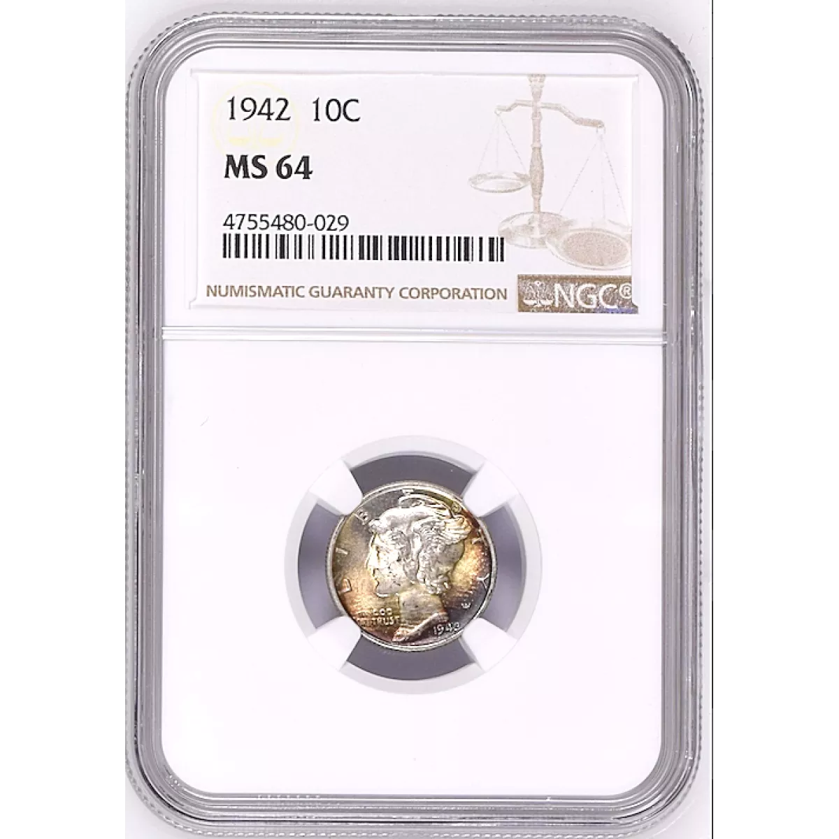 1942 NGC MS 64 10CMERCURY DIME COLOR