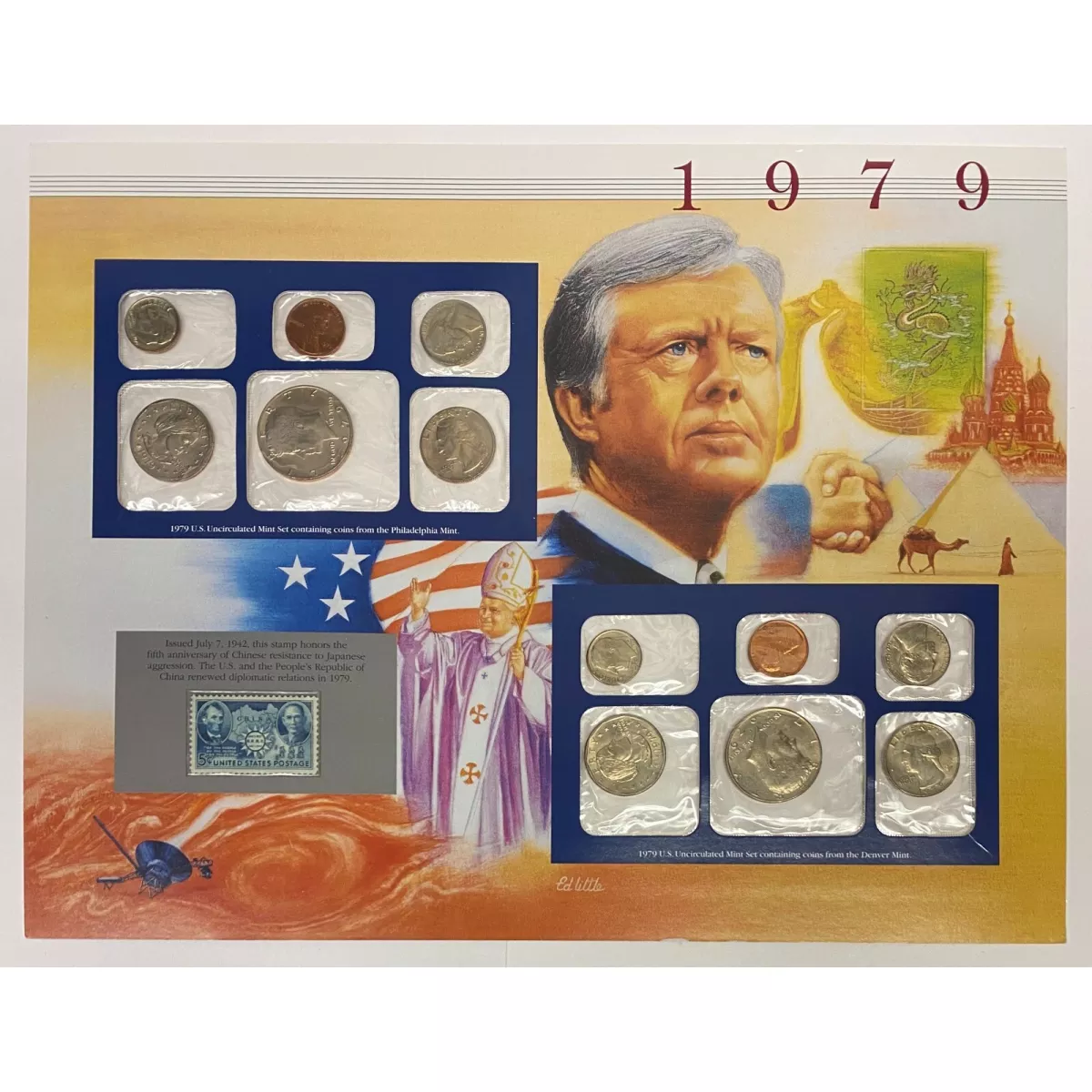 1979 Uncirculated Mint Set Postal Commemorative Society Coins & Stamps Panel
