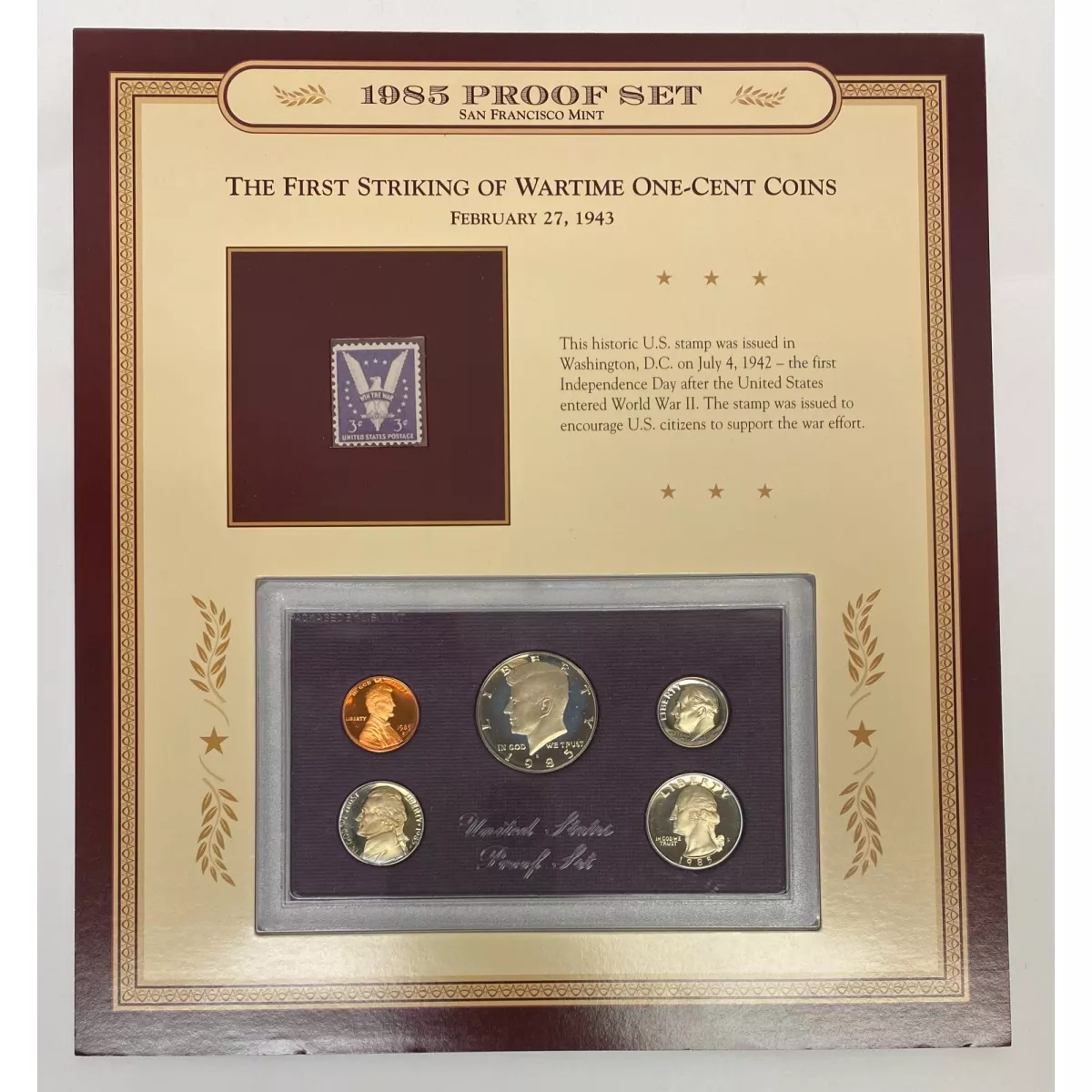 1985 San Francisco Mint Proof Set with Historic 1942 First Independence Day Stam