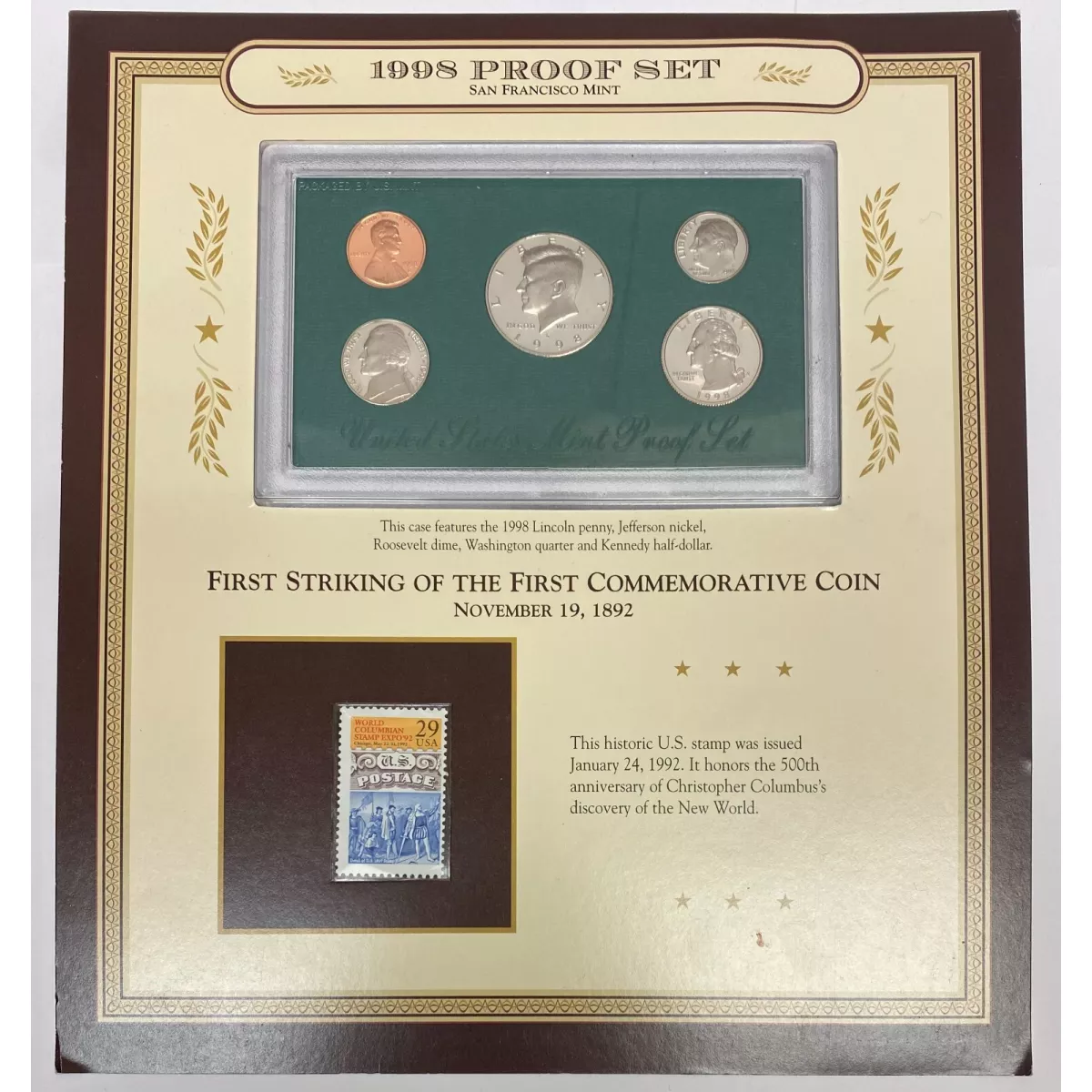 1998 US Mint Proof Set San Francisco Set Display Card W/Stamp Columbia’s Expo