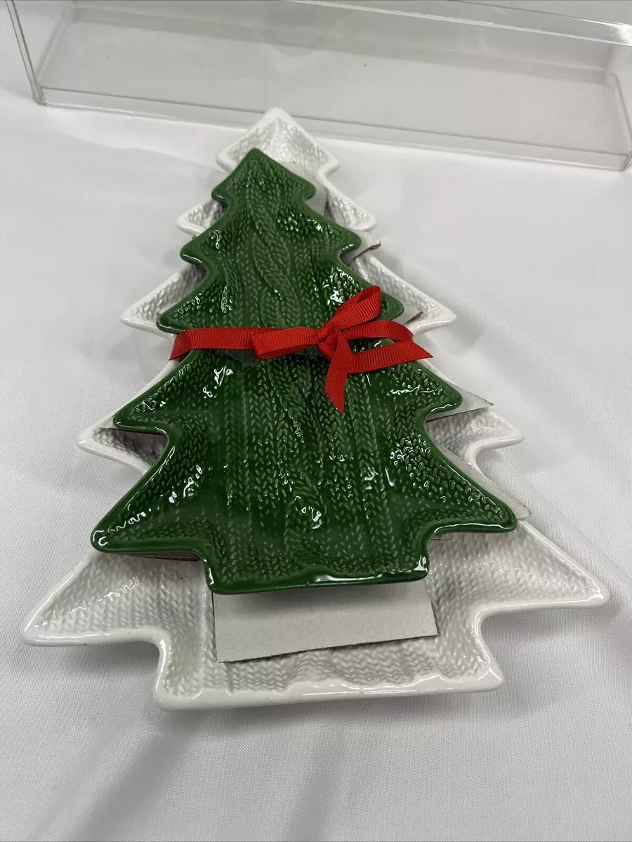 (2) HALLMARK CHRISTMAS TREE Serving PLATES CANDY COOKIE DISHES Cable Knit Green