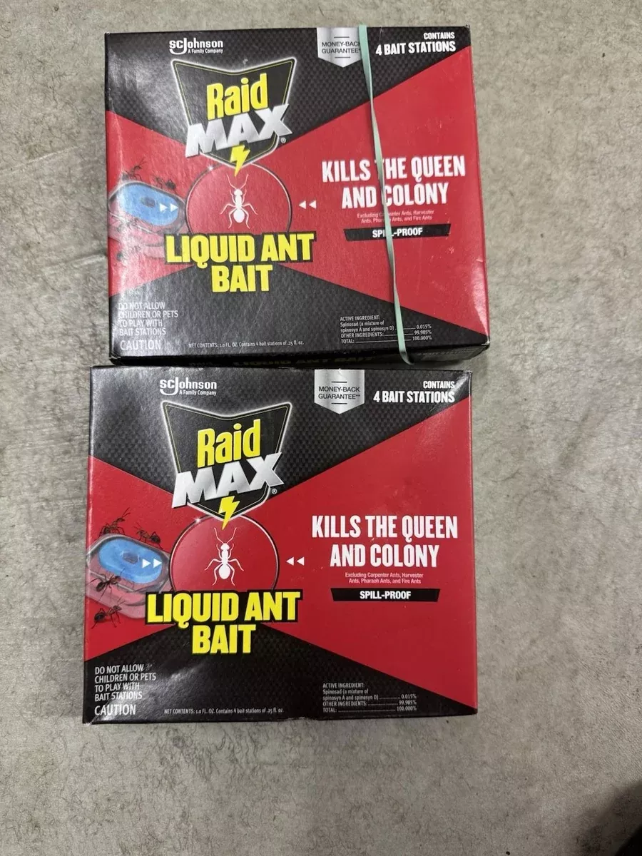 (2) RAID MAX Liquid Ant Bait Kills Queen & Colony 4 Bait Stations Per Box