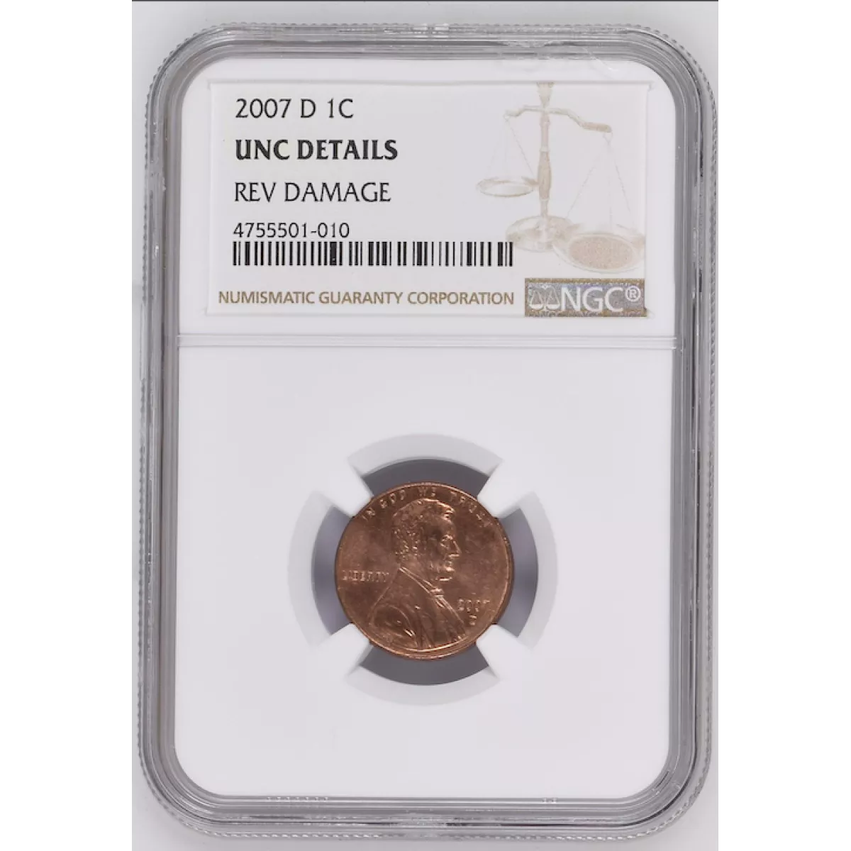 2007 LINCOLN MEMORIAL D 1C NGC UNC DETAILS REV DAMAGE