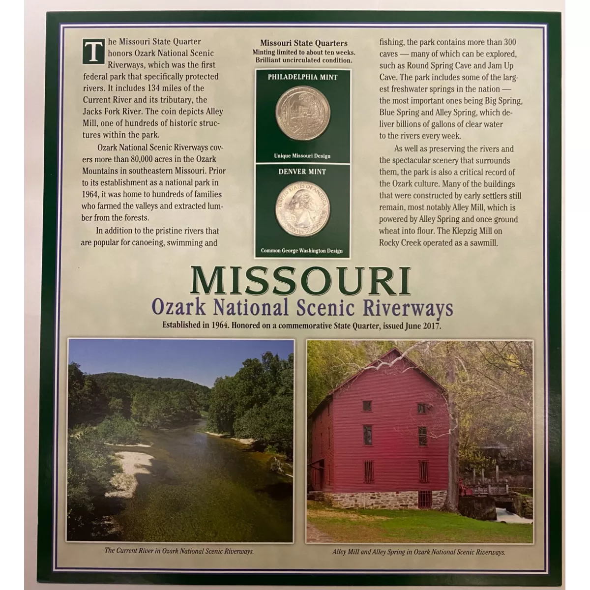 2017 Coins + Stamps MISSOURI State Quarter Set Collection P + D