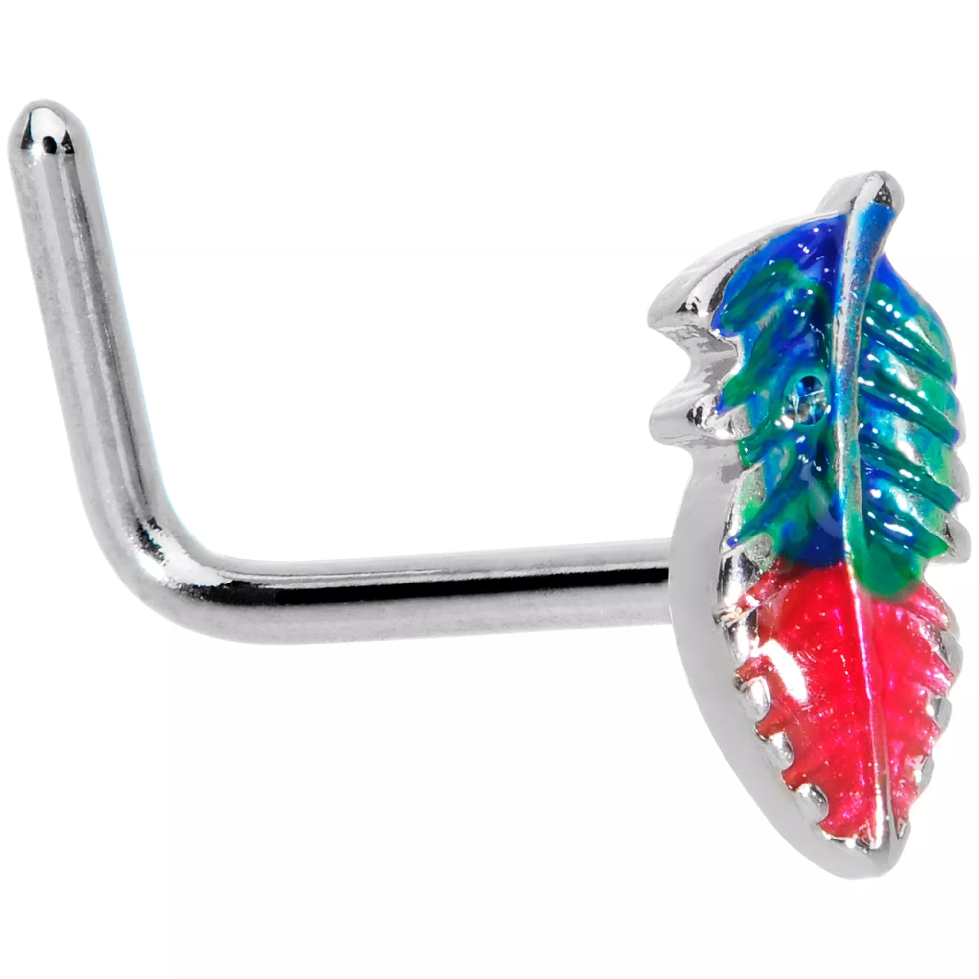 20G 1 /4 Blue Green Red Feather L Shaped Nose Ring