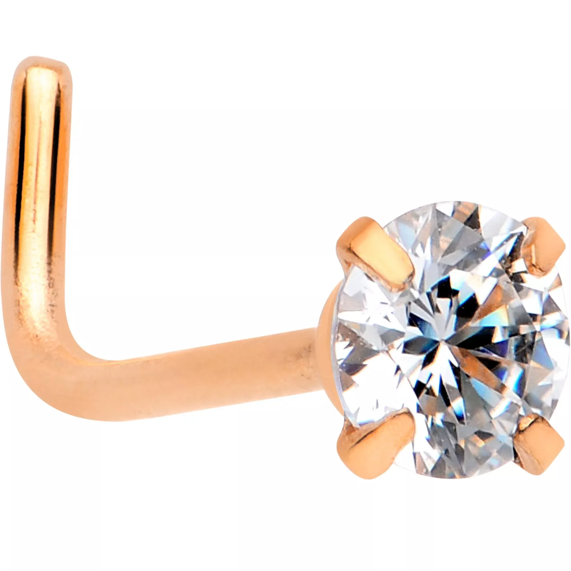 20G 1 /4 Clear 3mm CZ Gem Rose Gold IP L-Shape Nose Ring