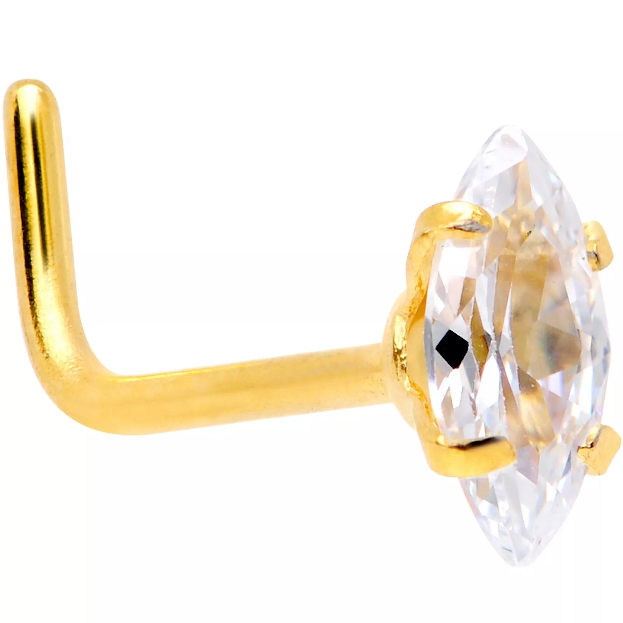 20G 1 /4 Clear CZ Gem Gold IP Ellipse L Shape Nose Ring